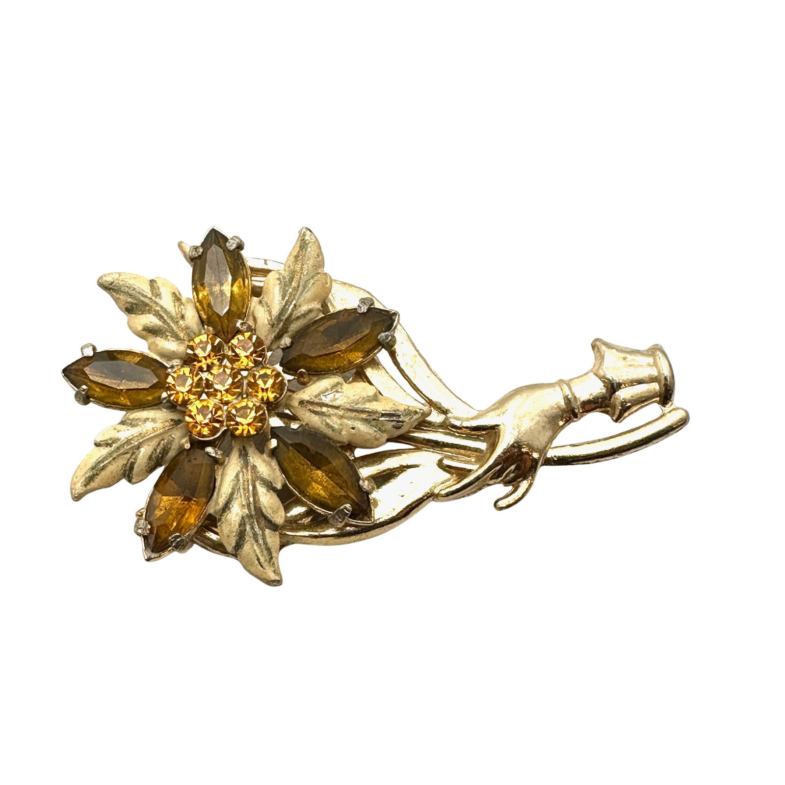 Antique Vintage Gold Gilt Pot Metal Hand Rhinestone Flower Brooch Pin 3 Inch (1 of 2)