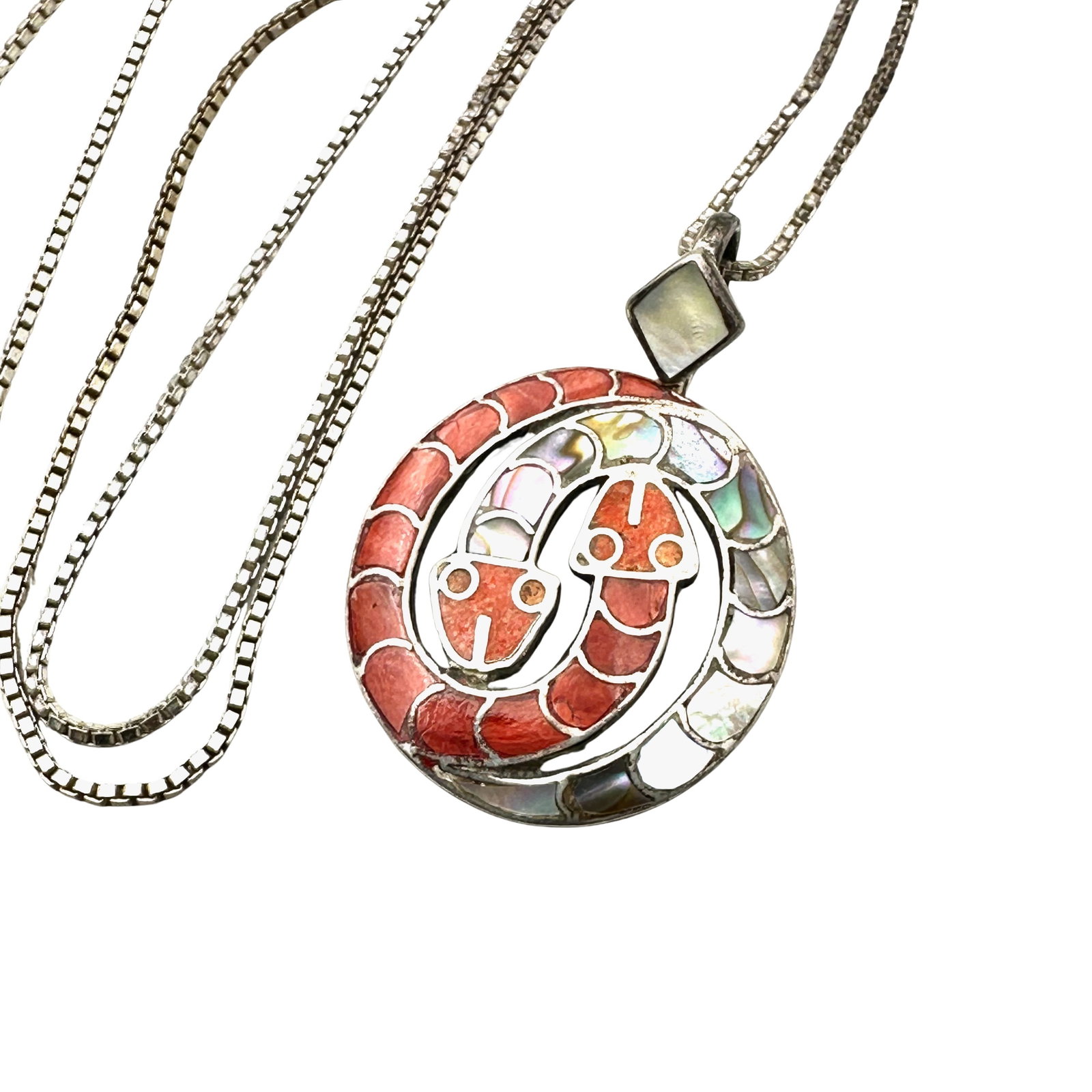 Vintage Native American Inlay Coral Pearl Snake Pendant Necklace Sterling Silver Chain 24 Inch: Vintage Native American Inlay Coral Pearl Snake Pendant Necklace Sterling Silver Chain 24 Inch Weight 10 Grams