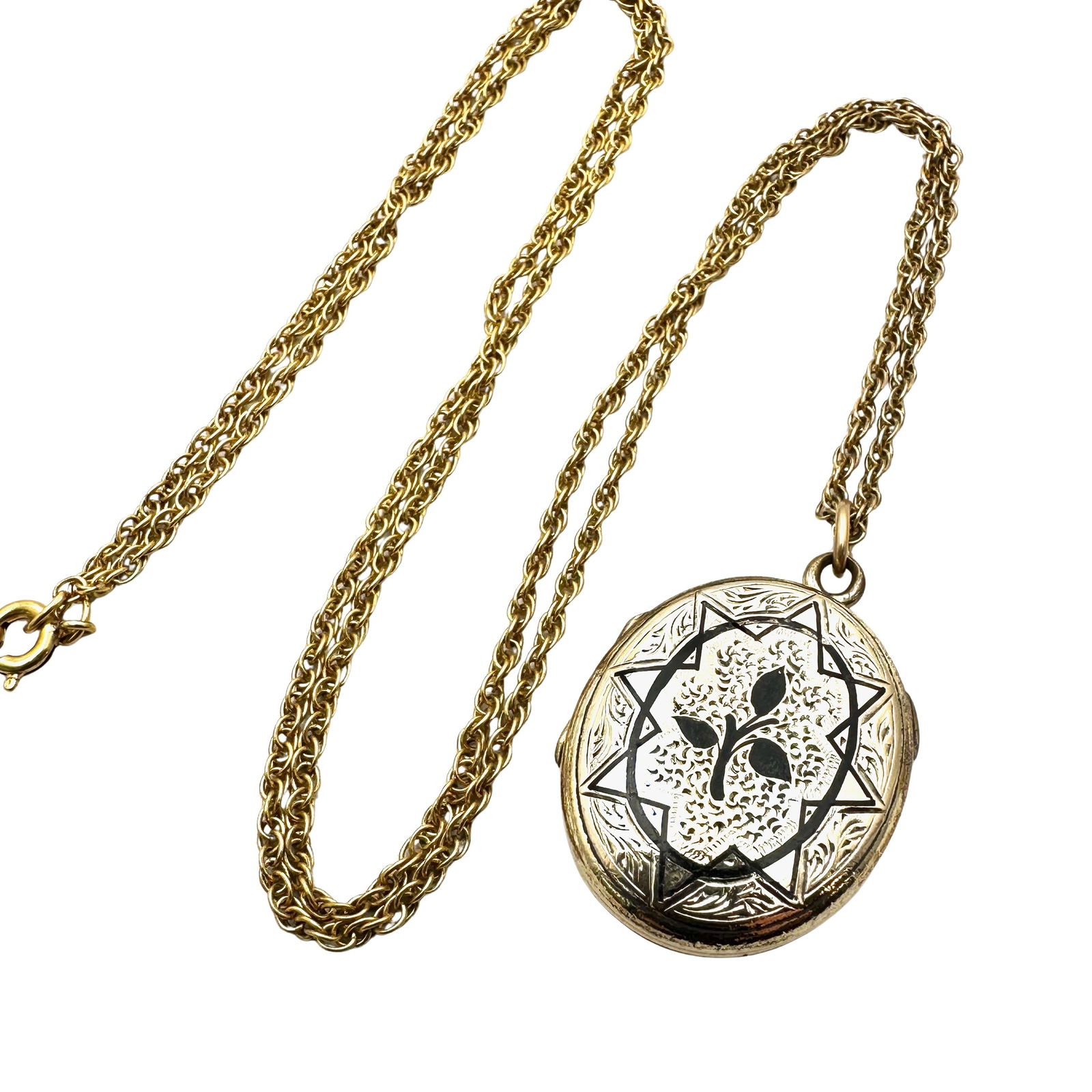 Antique Victorian Gold Filled Black Enamel Picture Locket Pendant 24 Inch Chain Necklace (1 of 3)