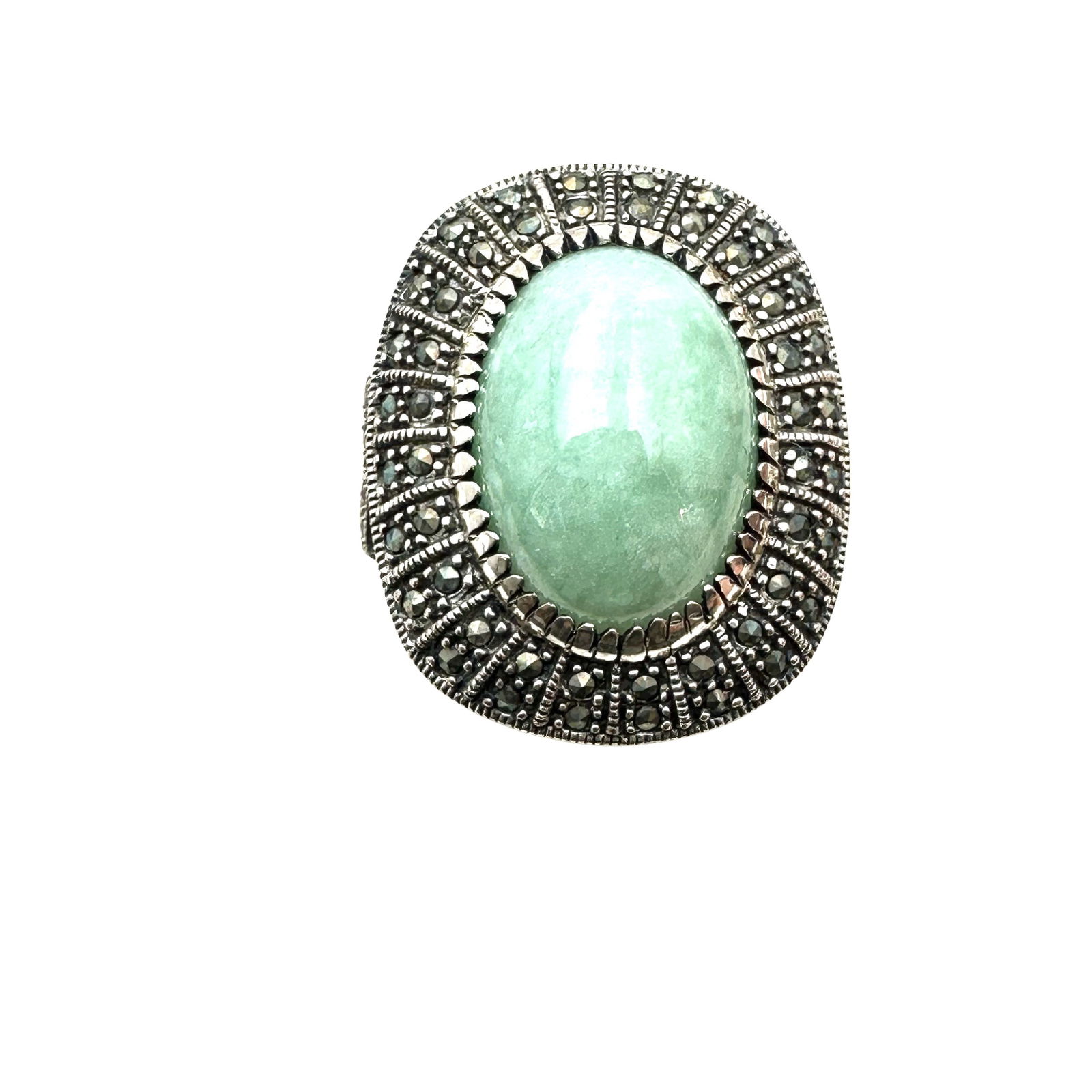 Oversized Marcasite Green Jade Sterling Silver Statement Ring Size 8 Weight 13 Grams (1 of 2)
