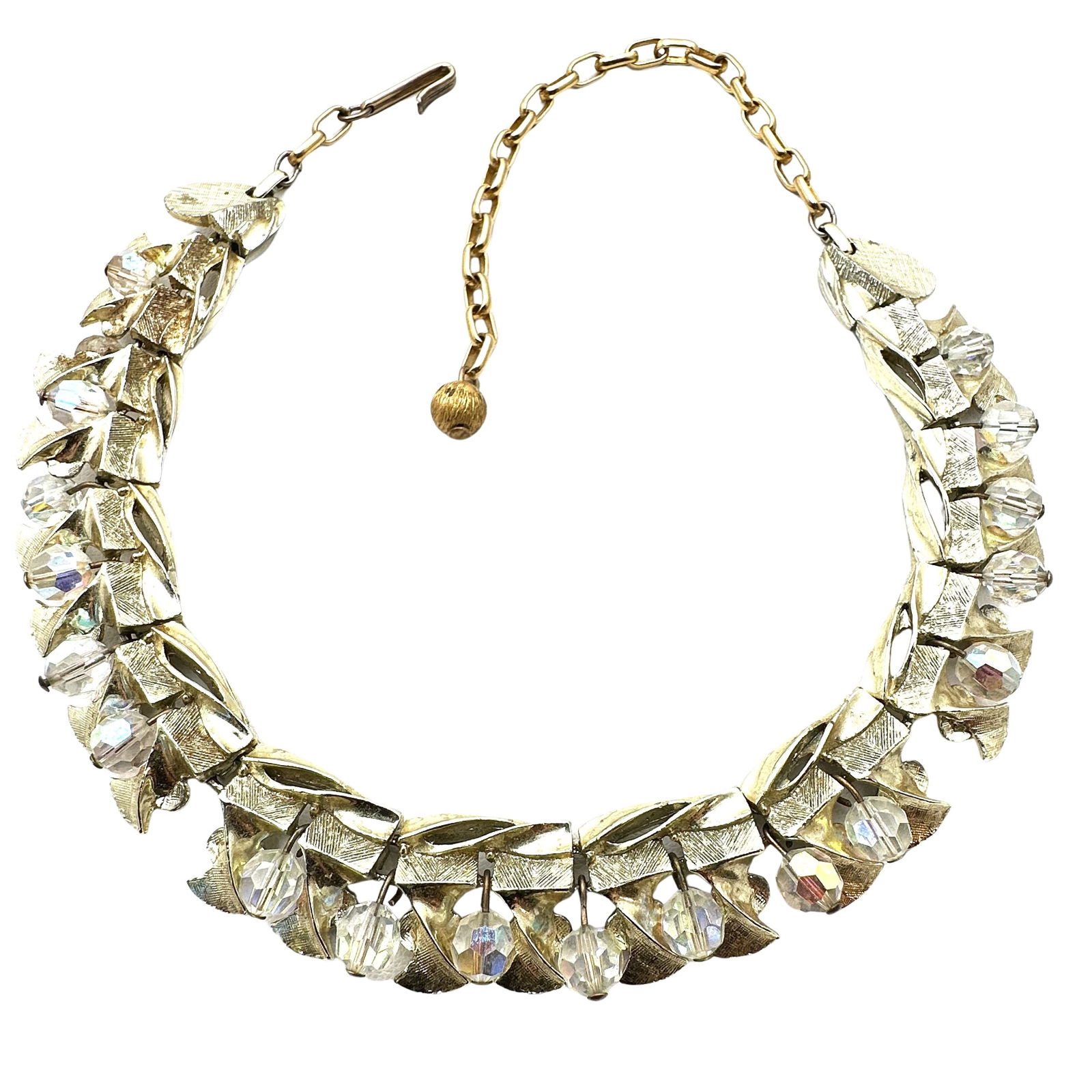 Vintage Gold Tone Aurora Borealis Crystal Bead Necklace 16 Inch: Vintage Gold Tone Aurora Borealis Crystal Bead Necklace 16 Inch