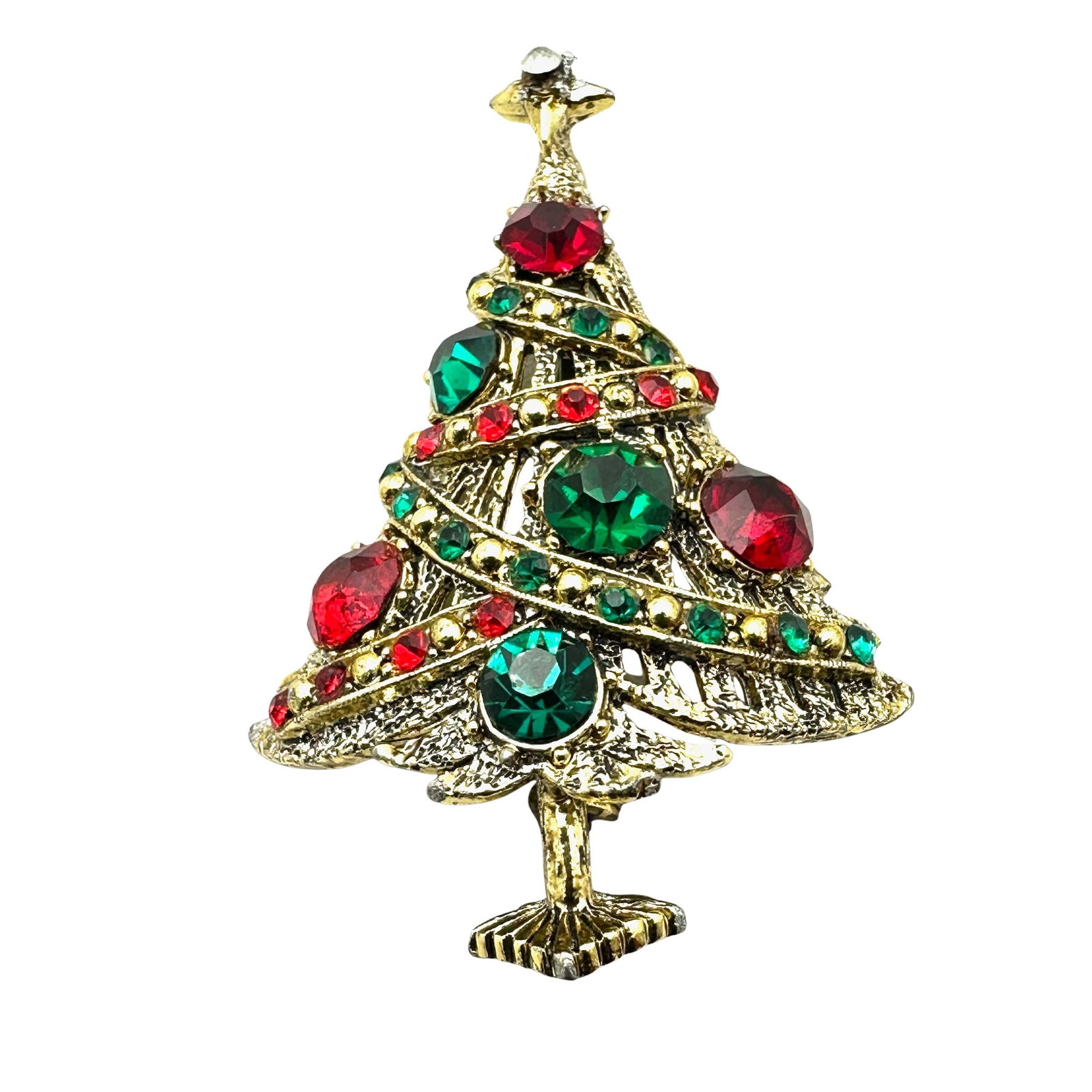 Vintage Hollycraft Green Red Glass Rhinestone Gold Tone Christmas Tree Brooch Pin 2 Inch (1 of 2)