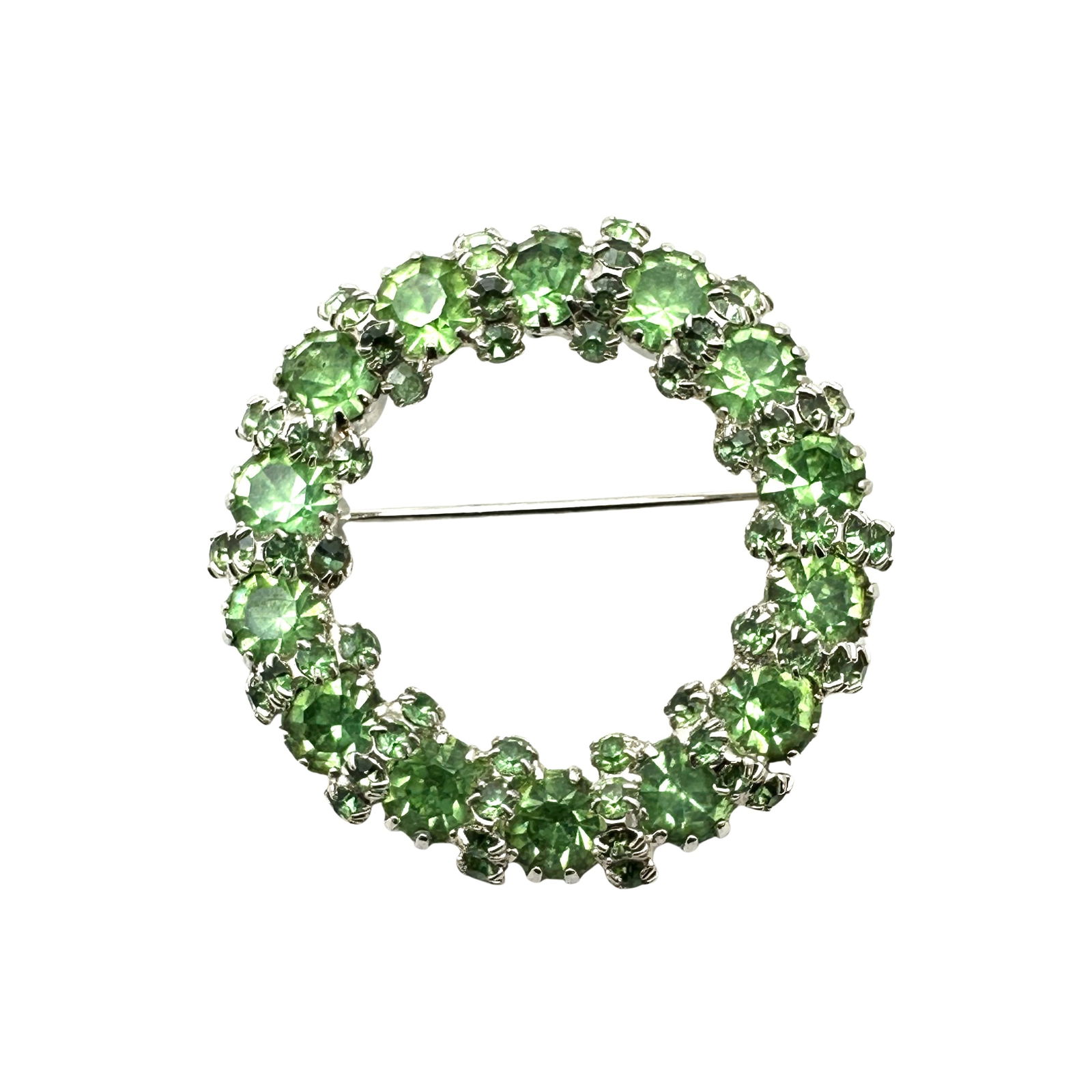 Vintage Unsigned Weiss Green Glass Rhinestone Silver Tone Brooch Pin 1.5 Inch (1 of 2)