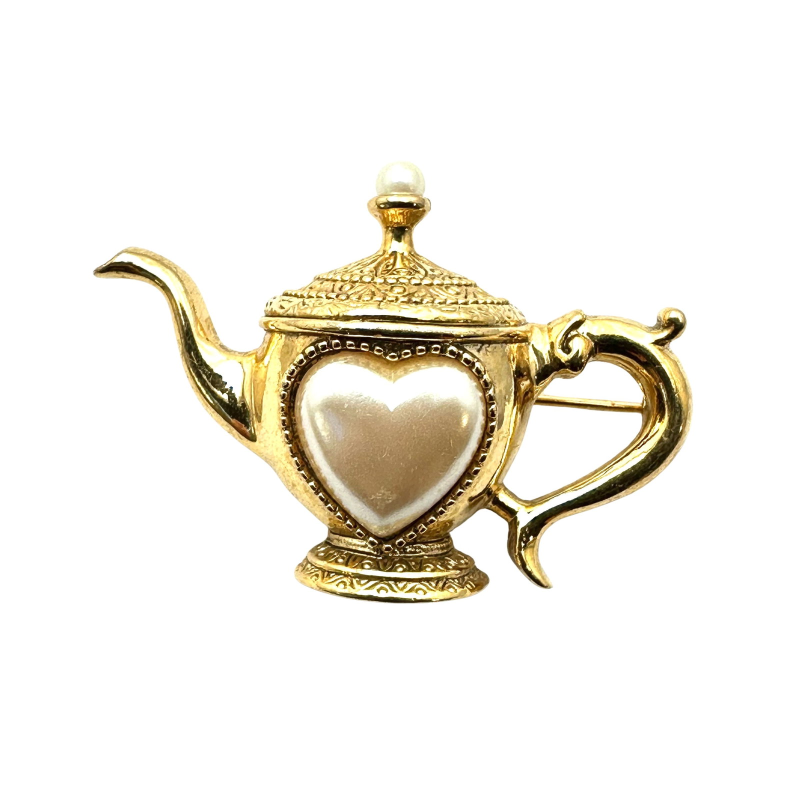 Vintage 1928 Faux Pearl Gold Tone Tea Pot Brooch Pin 2 Inch: Vintage 1928 Faux Pearl Gold Tone Tea Pot Brooch Pin 2 Inch