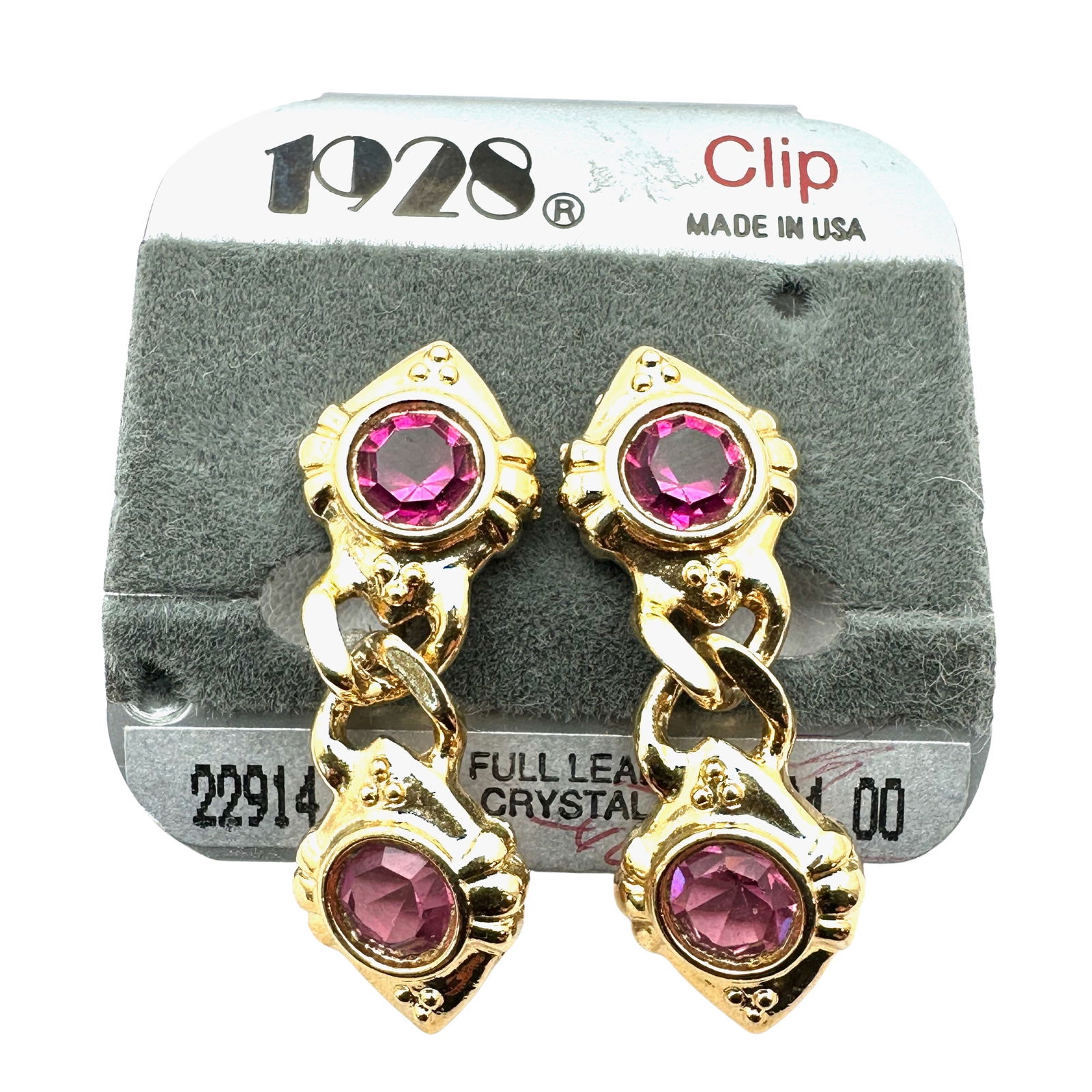 Vintage 1928 Pink Crystal Gold Tone Chandelier Clip Earrings Original Card: Vintage 1928 Pink Crystal Gold Tone Chandelier Clip Earrings Original Card