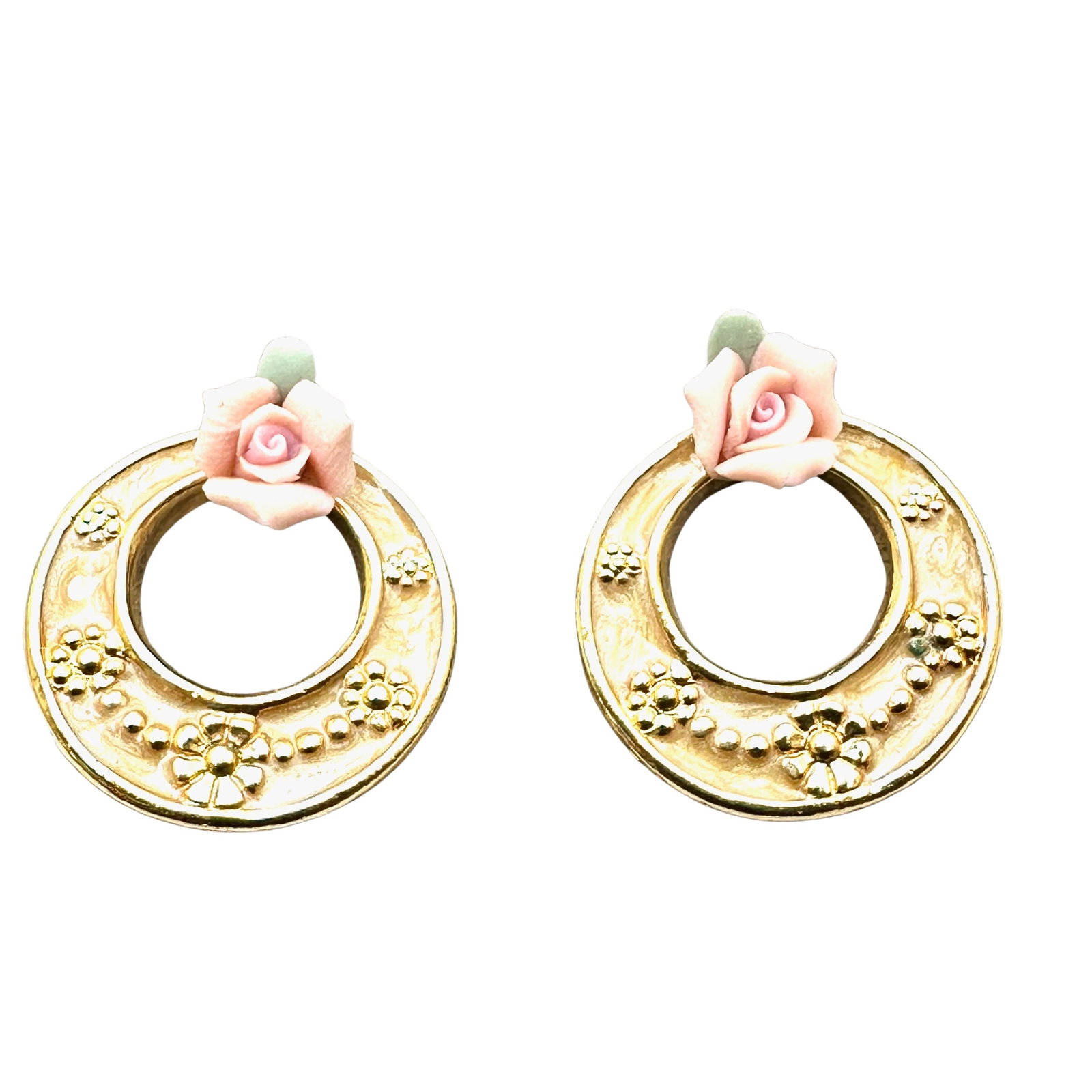 Vintage 1928 Pink Roses Gold Tone Pierced Earrings Original Card: Vintage 1928 Pink Roses Gold Tone Pierced Earrings Original Card