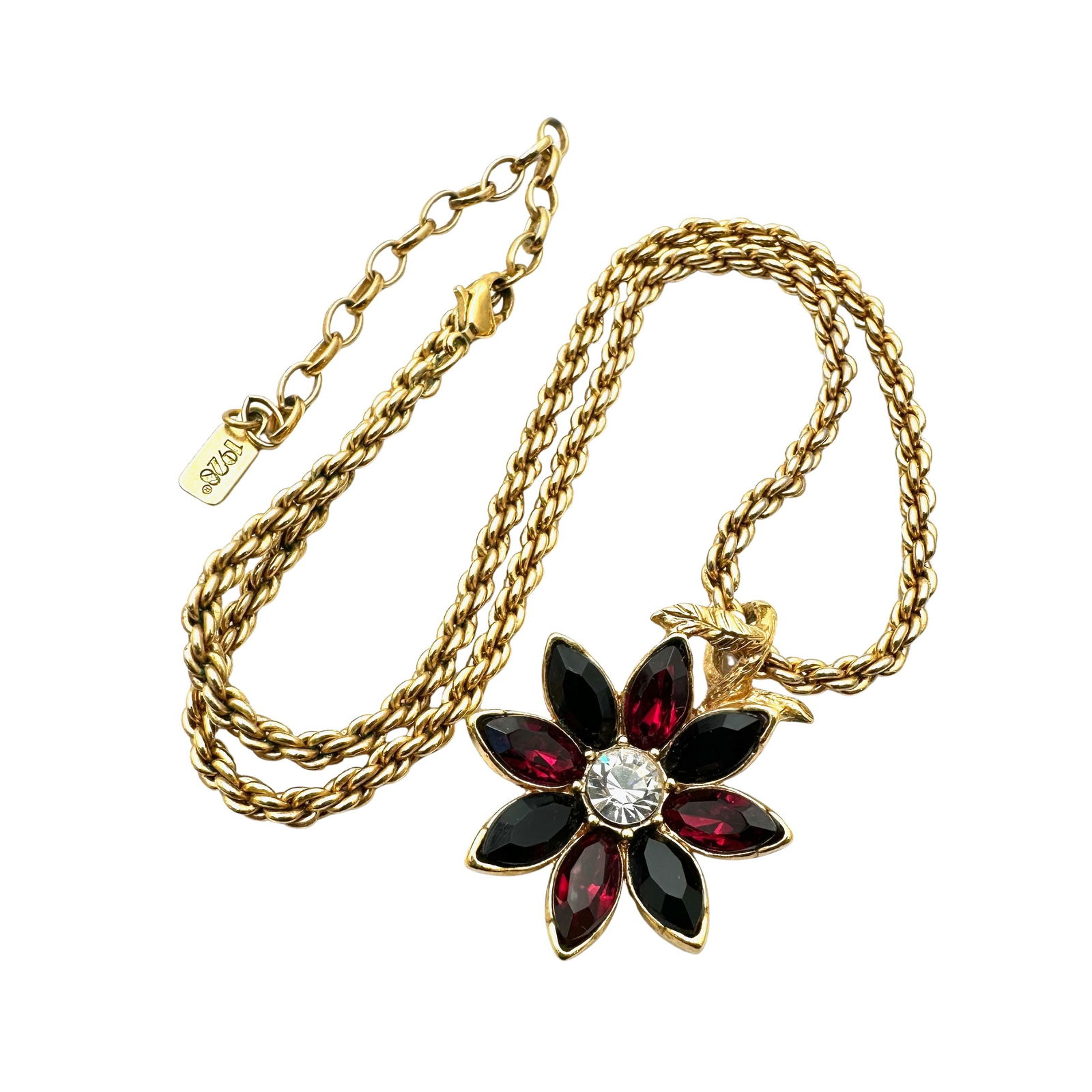 Vintage 1928 Red Glass Rhinestone Flower Pendant Gold Tone Necklace 18 Inch Chain (1 of 2)