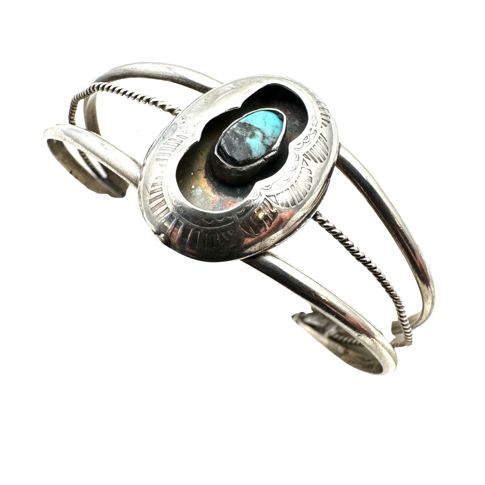 Native American Turquoise Shadow Box Sterling Silver Cuff Bracelet 6.5 Inch Adjustable 11 Grams (1 of 2)