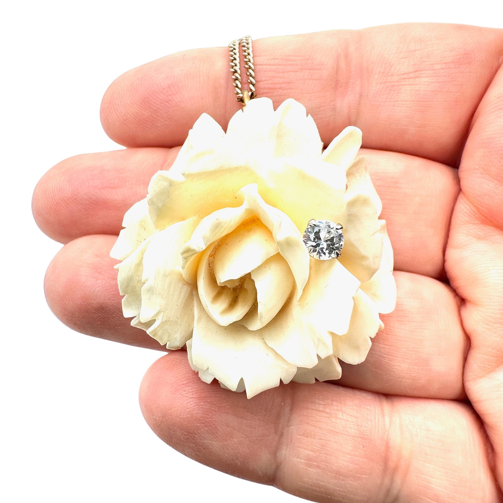 Vintage Carved Rose Clear Gemstone Pendant 12K Gold Filled 20 Inch Chain Necklace: Vintage Carved Rose Clear Gemstone Pendant 12K Gold Filled 20 Inch Chain Necklace