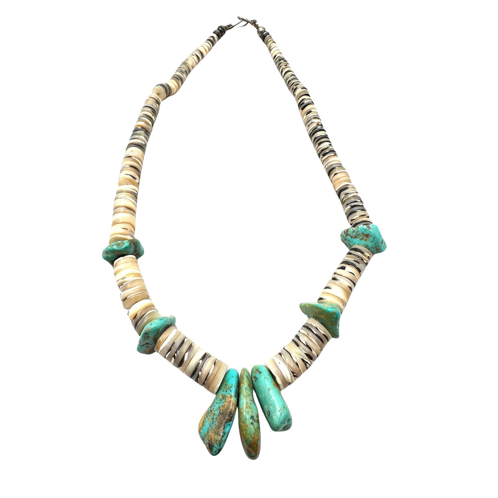 Native American Vintage Sterling Silver Bench Bead Turquoise Heishi Necklace 20 Inch Stringing: Native American Vintage Sterling Silver Bench Bead Turquoise Heishi Necklace 20 Inch Stringing Slightly Loose