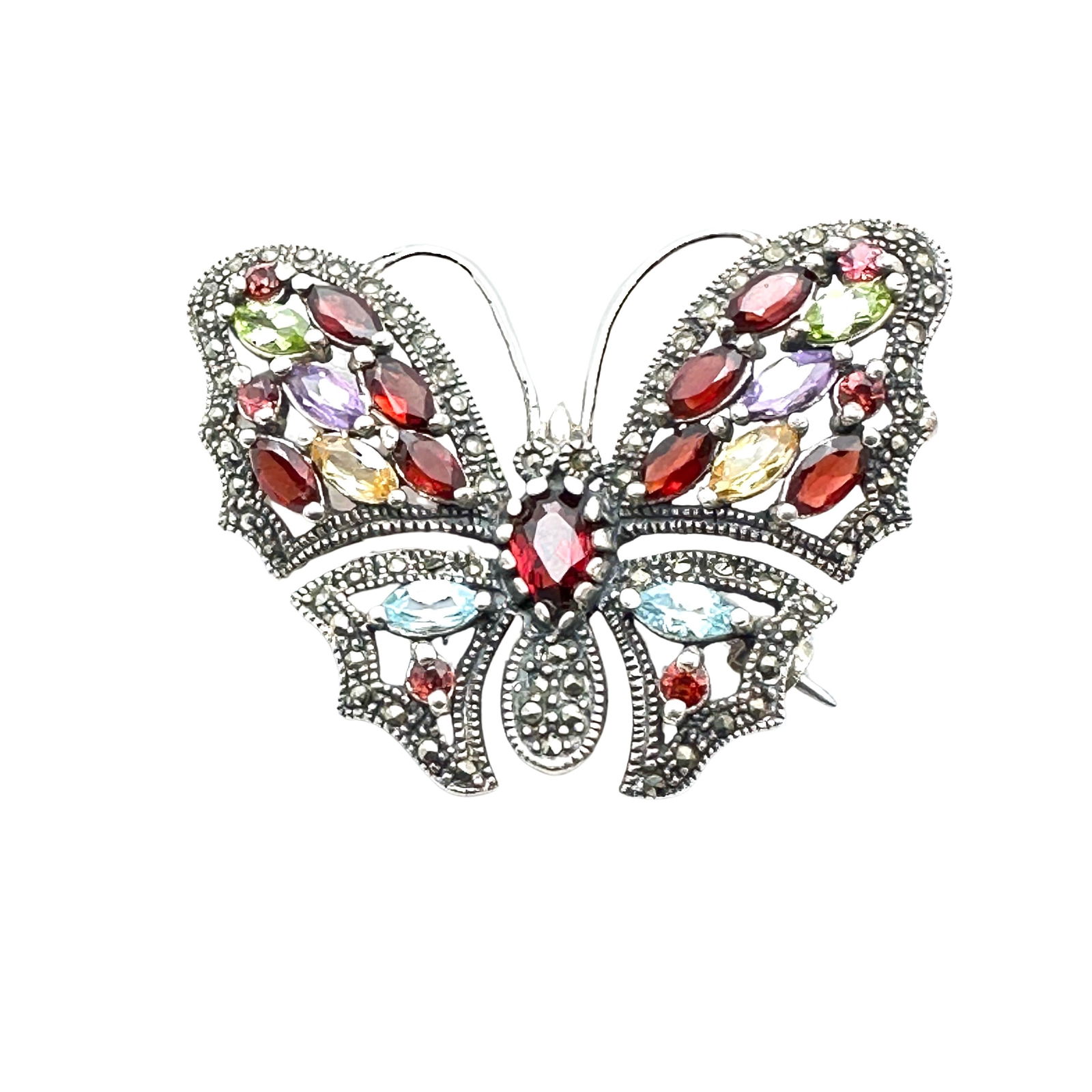 Multi Gemstone Marcasite Sterling Silver Butterfly Brooch Pin 2 Inch Weight 15 Grams (1 of 2)