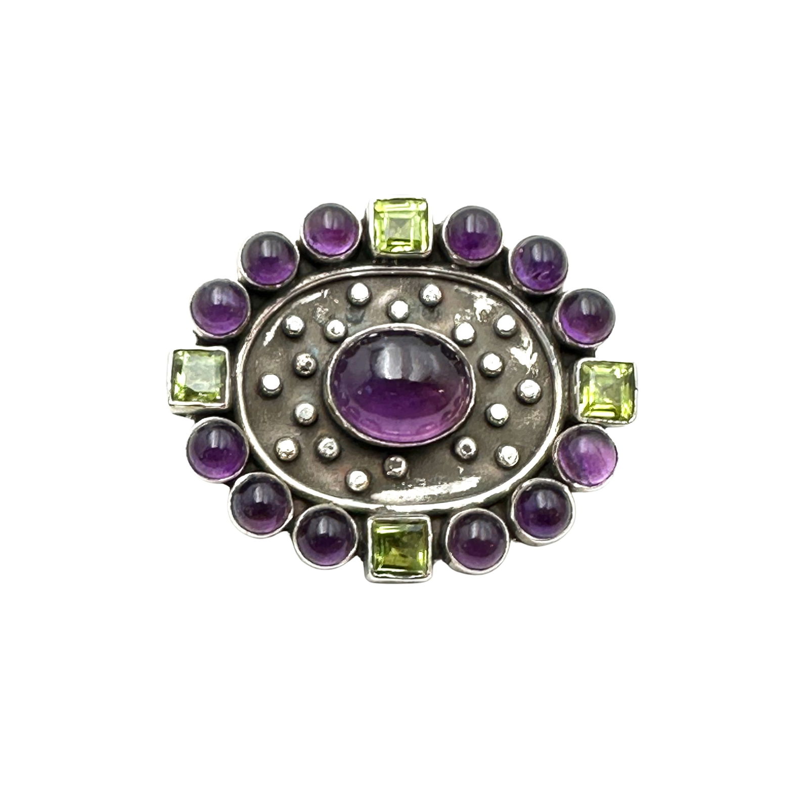 Purple Amethyst Green Peridot Sterling Silver Brooch Pin 1 1/3 Inch (1 of 2)
