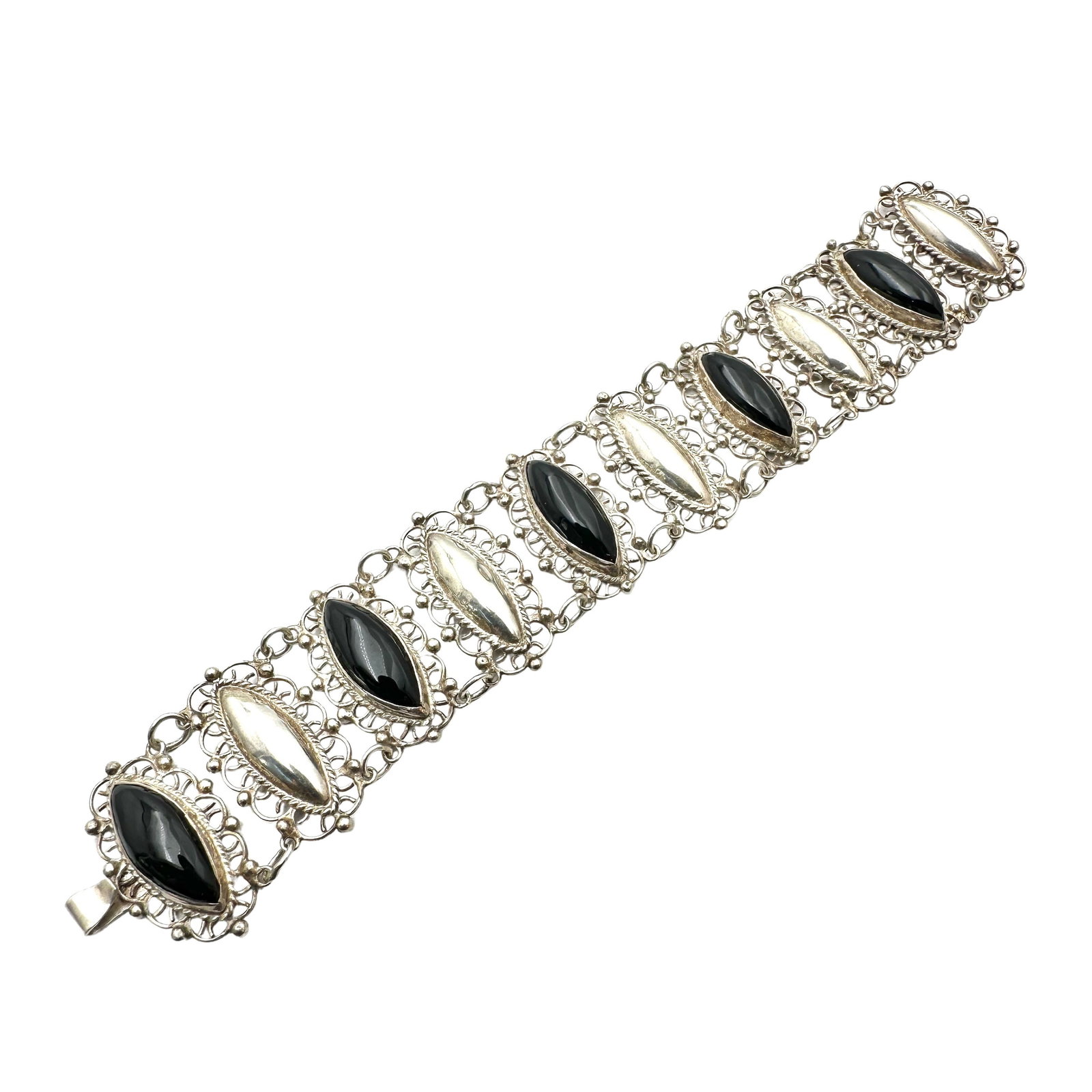 Vintage Mexico Sterling Silver Black Onyx Wide Bracelet 6.5 Inch Length Weight 34 Grams: Vintage Mexico Sterling Silver Black Onyx Wide Bracelet 6.5 Inch Length Weight 34 Grams