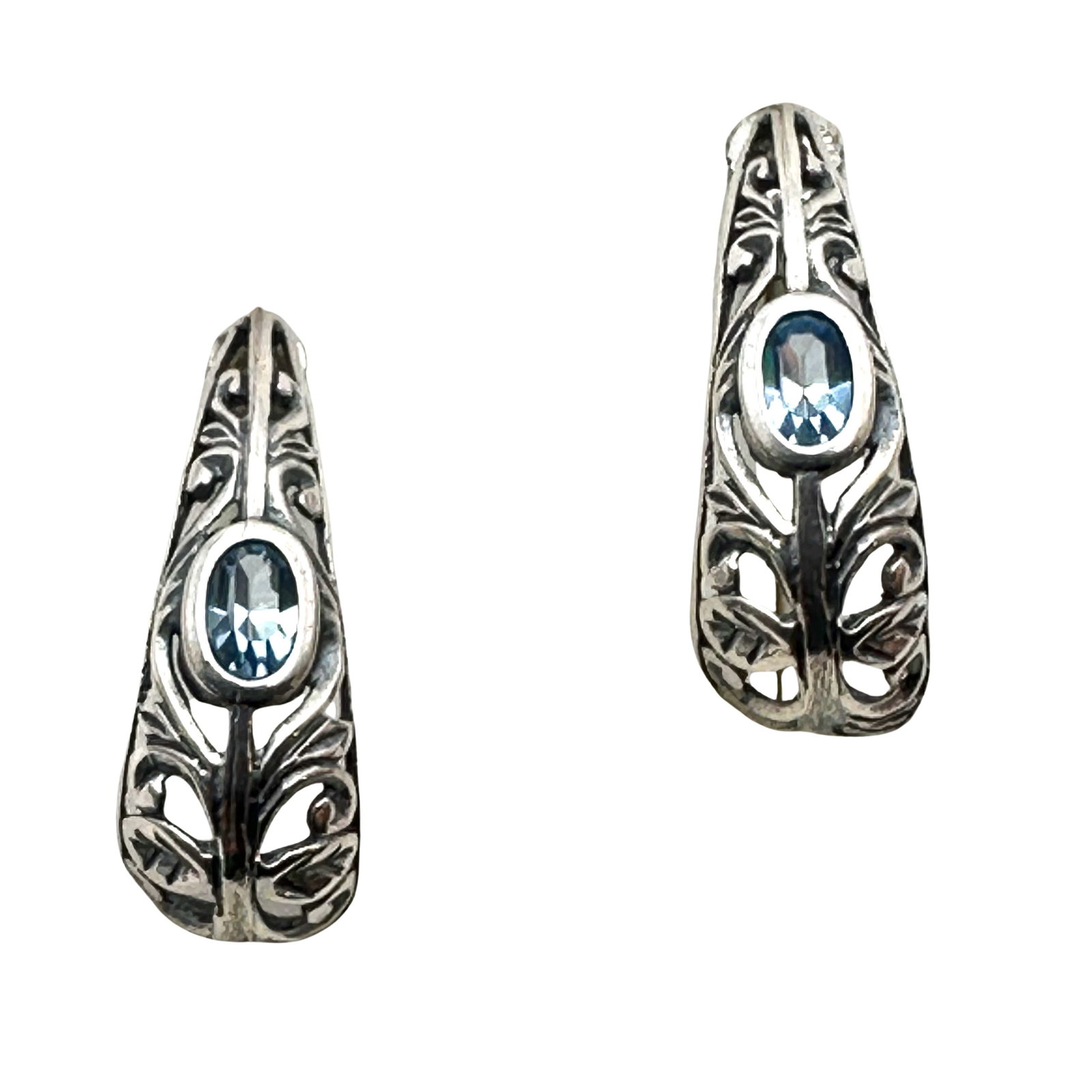 Sterling Silver Filigree Blue Stone Pierced Earrings 1 Inch Length: Sterling Silver Filigree Blue Stone Pierced Earrings 1 Inch Length