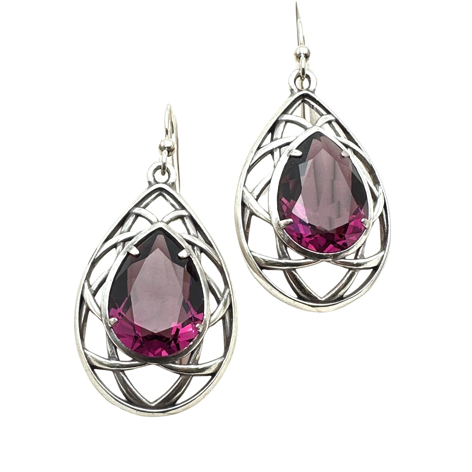 Purple Glass Stone Sterling Silver Pierced Earrings 2 Inch Length Pristine Condition: Purple Glass Stone Sterling Silver Pierced Earrings 2 Inch Length Pristine Condition