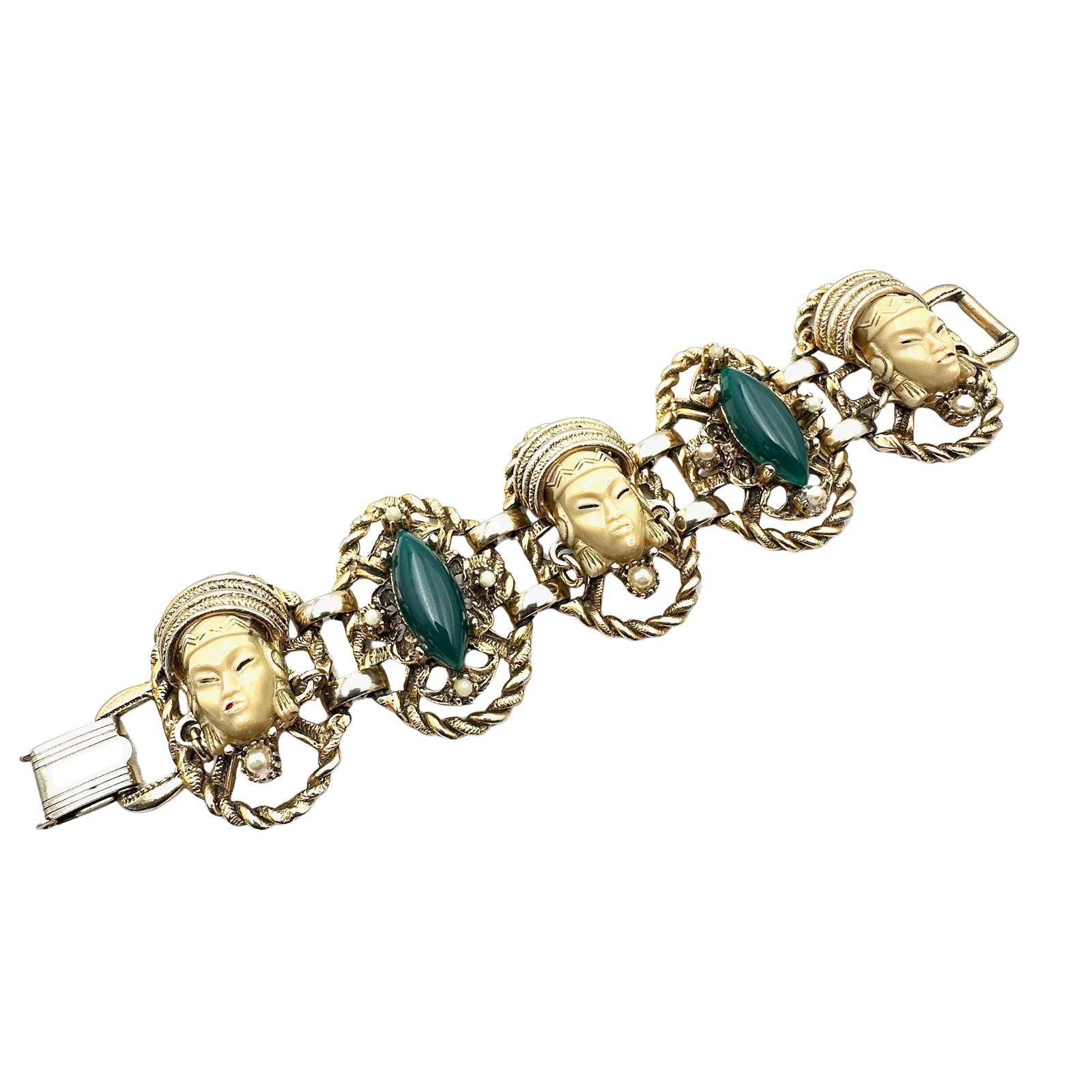 Vintage Unsigned Selro Selini Asian Princess Faux Pearl Wide Gold Tone Bracelet 7 Inch Length (1 of 2)