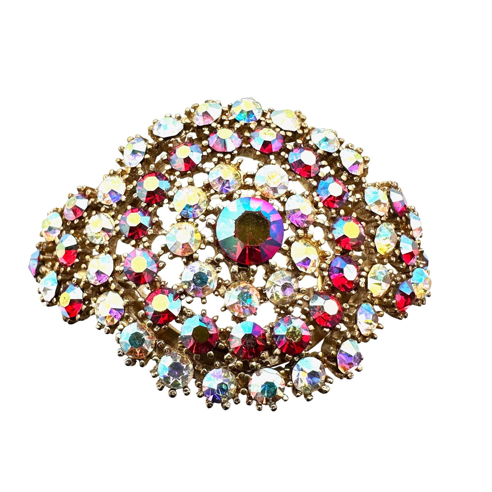 Sunning Vintage Red Aurora Borealis Glass Rhinestone Gold Tone Hinged Clamper Bracelet (1 of 2)