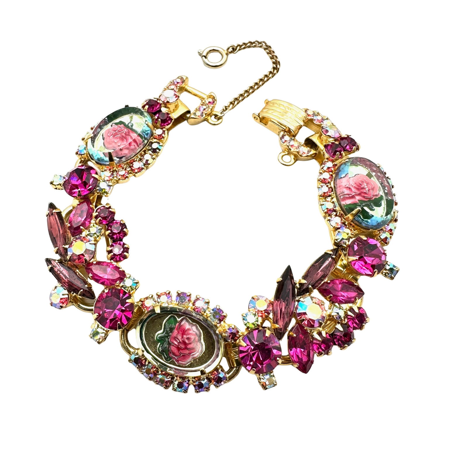 Vintage Juliana Pink Intaglio Rose Cabochons Rhinestone Gold Tone Five Link Bracelet 7 Inch Pristine (1 of 2)