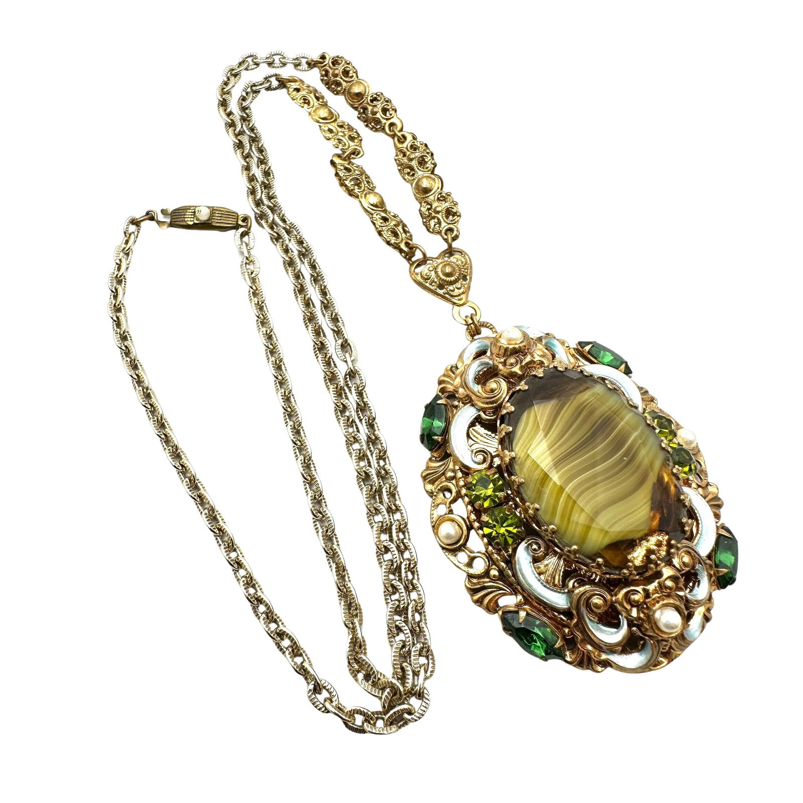 Vintage West Germany Green Slag Glass Enamel Rhinestone Gold Tone Filigree Pendant Necklace 24 Inch (1 of 2)