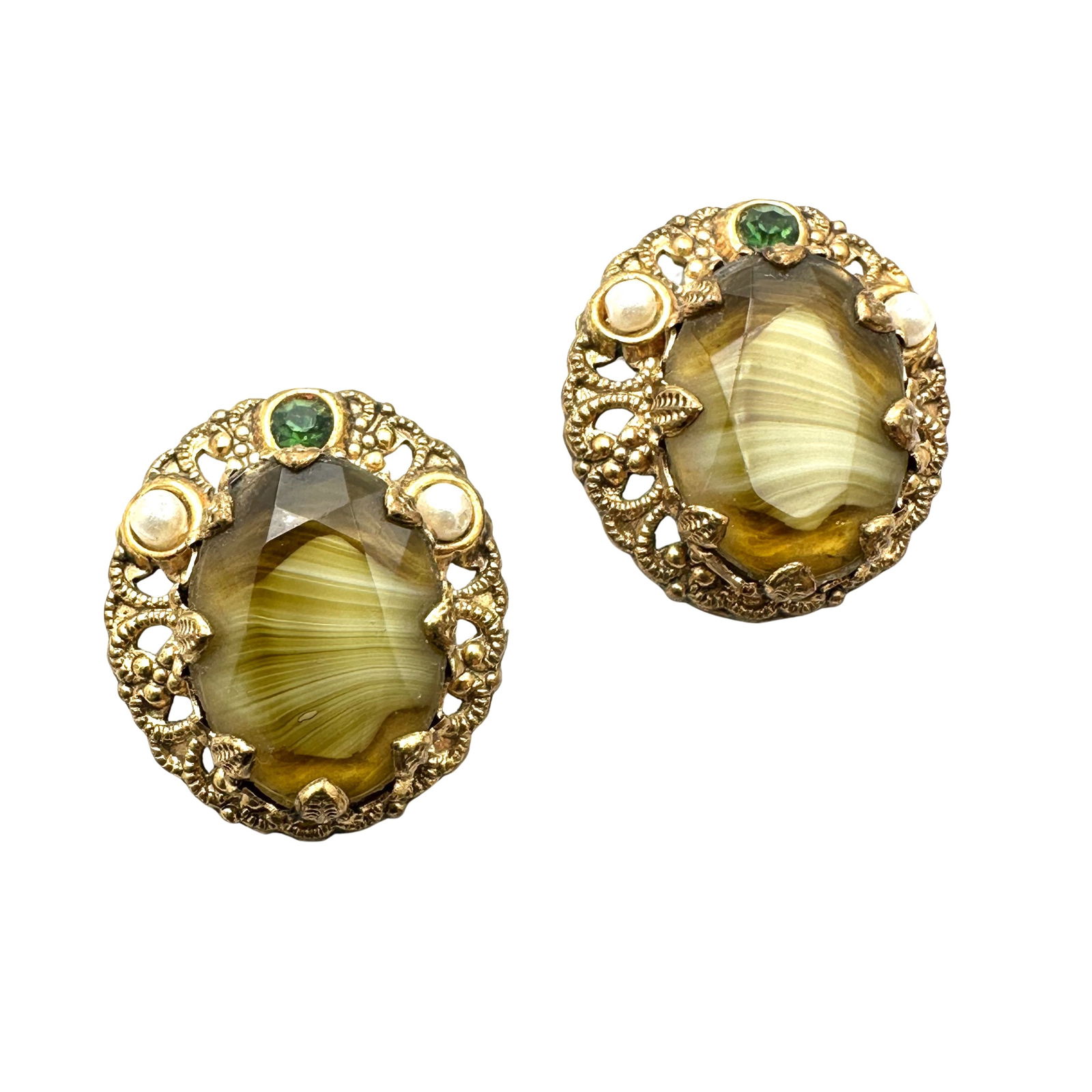 Vintage West Germany Green Slag Glass Rhinestone Gold Tone Filigree Clip Earrings (1 of 2)