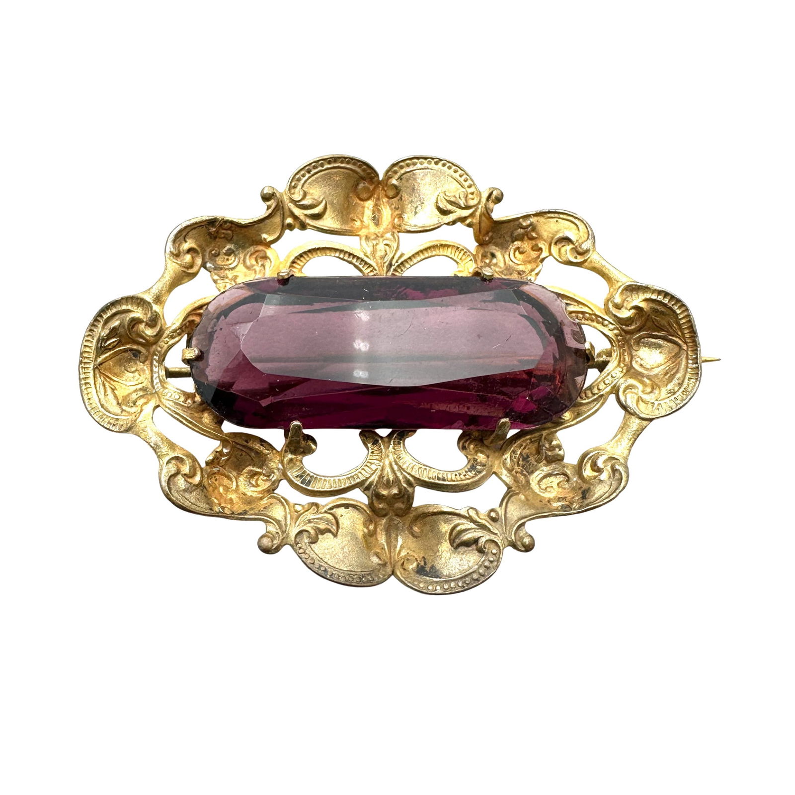 Antique Victorian Large Purple Glass Stone Gold Tone Brooch Pin Older C Clasp 2.25 Inch (1 of 2)