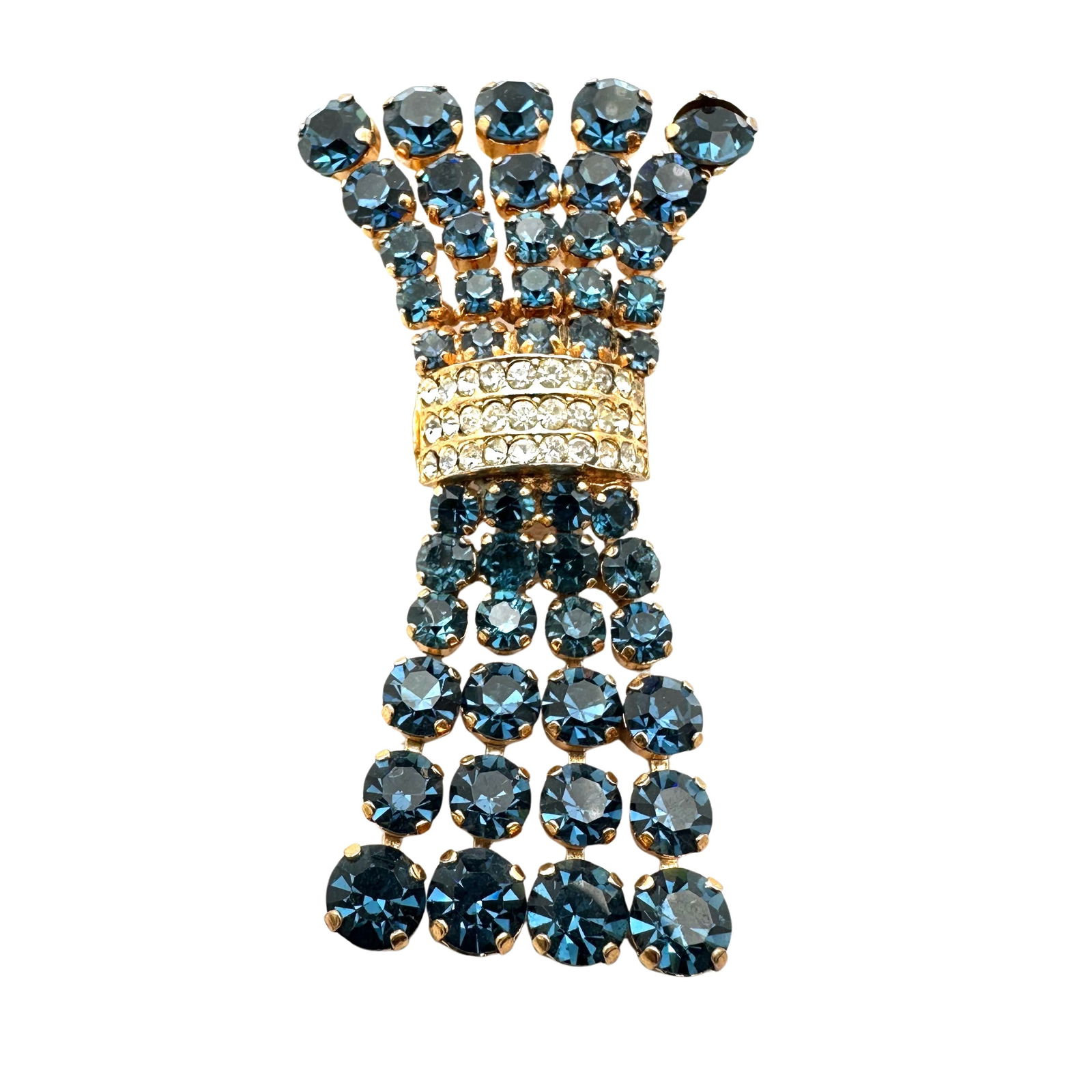 Vintage Unsigned High End Blue & Clear Glass Rhinestone Gold Tone Waterfall Brooch Pin 2.5 Inch (1 of 2)