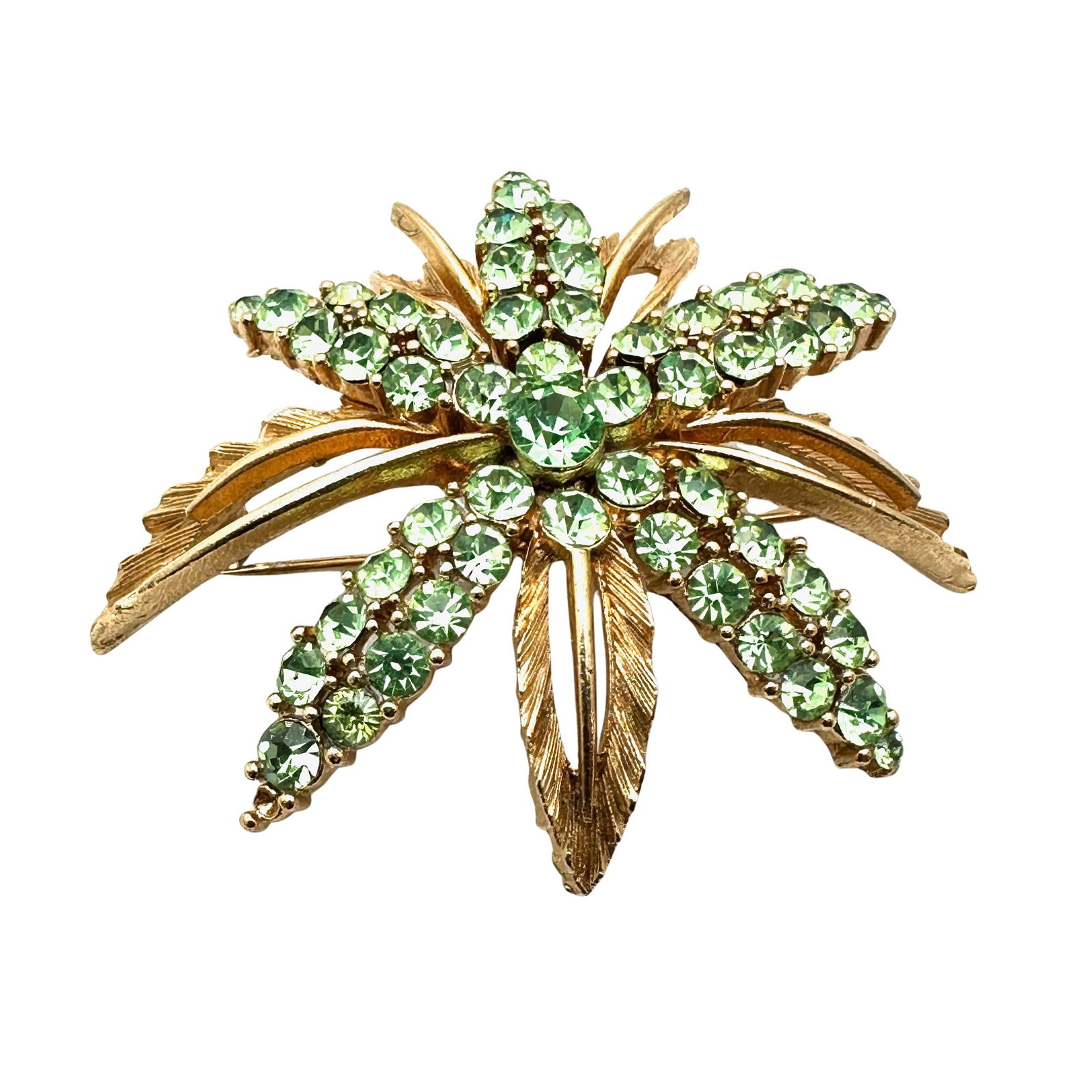 Vintage Lisner Green Glass Rhinestone Gold Tone Brooch Pin Flower Design 2.5 Inch (1 of 2)