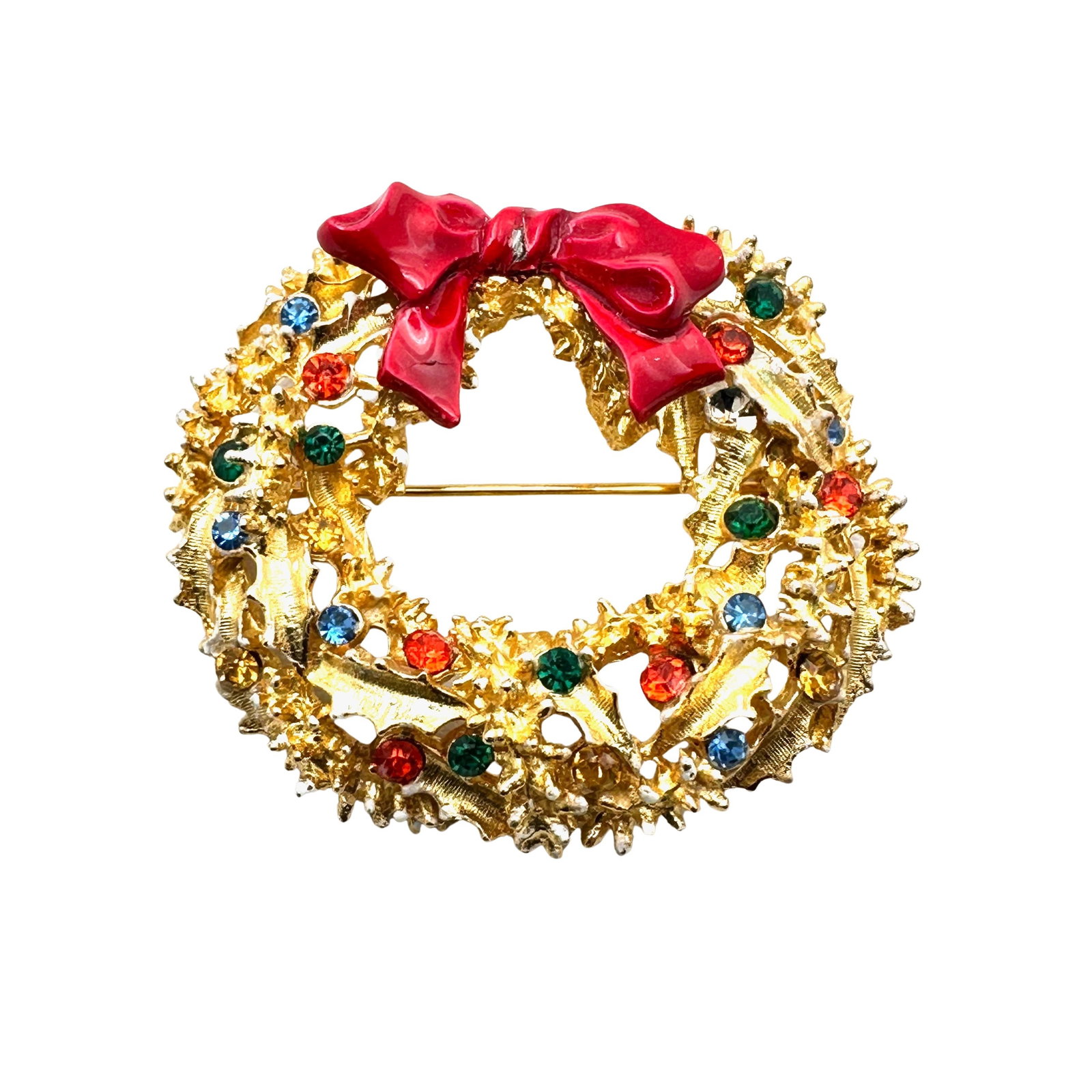 Vintage Arthur Pepper ART Enamel Rhinestone Gold Tone Christmas Wreath Brooch Pin 2 Inch: Vintage Arthur Pepper ART Enamel Rhinestone Gold Tone Christmas Wreath Brooch Pin 2 Inch