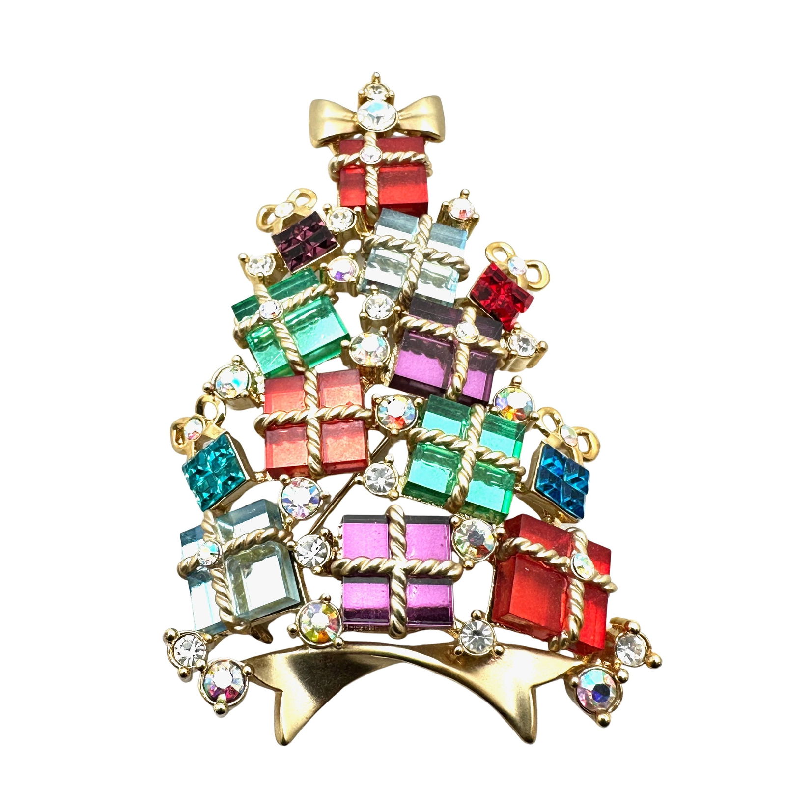 Vintage 2007 Avon Multicolor Rhinestone Christmas Tree Made out of Gifts Gold Tone Brooch Pin 3 Inch (1 of 2)