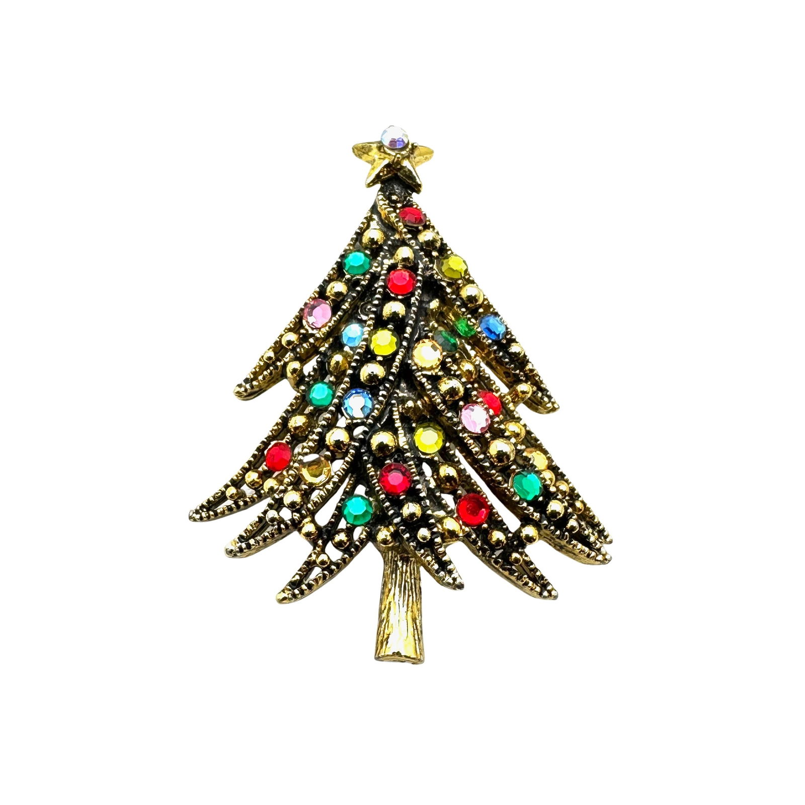 Vintage Hollycraft Multicolor Rhinestone Gold Tone Christmas Tree Brooch Pin 2.5 Inch (1 of 2)