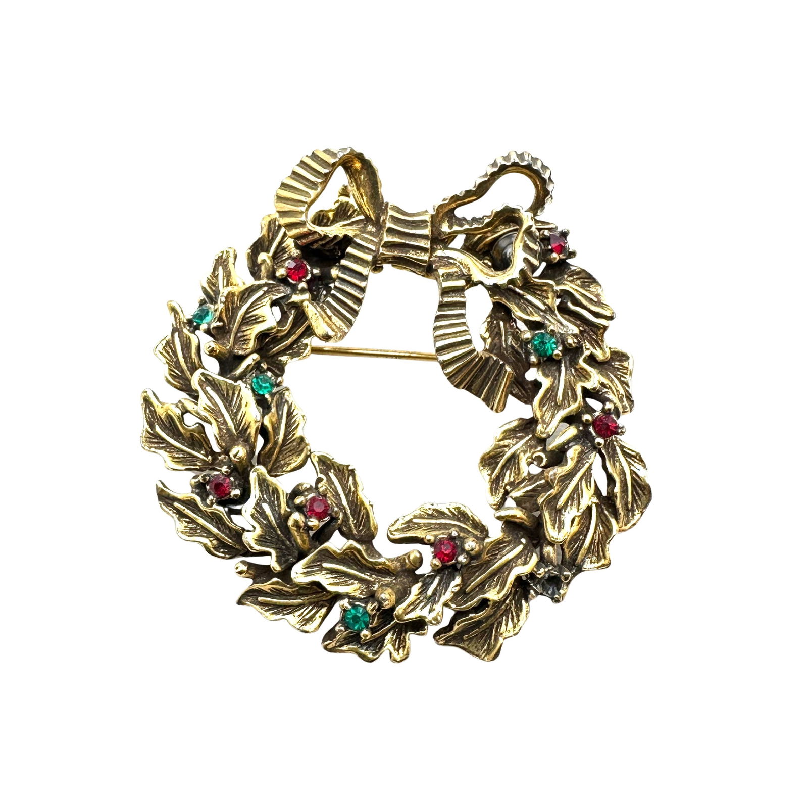 Vintage De Nicola Rhinestone Antiqued Gold Tone Christmas Tree Wreath Brooch Pin 2.5 Inch (1 of 2)