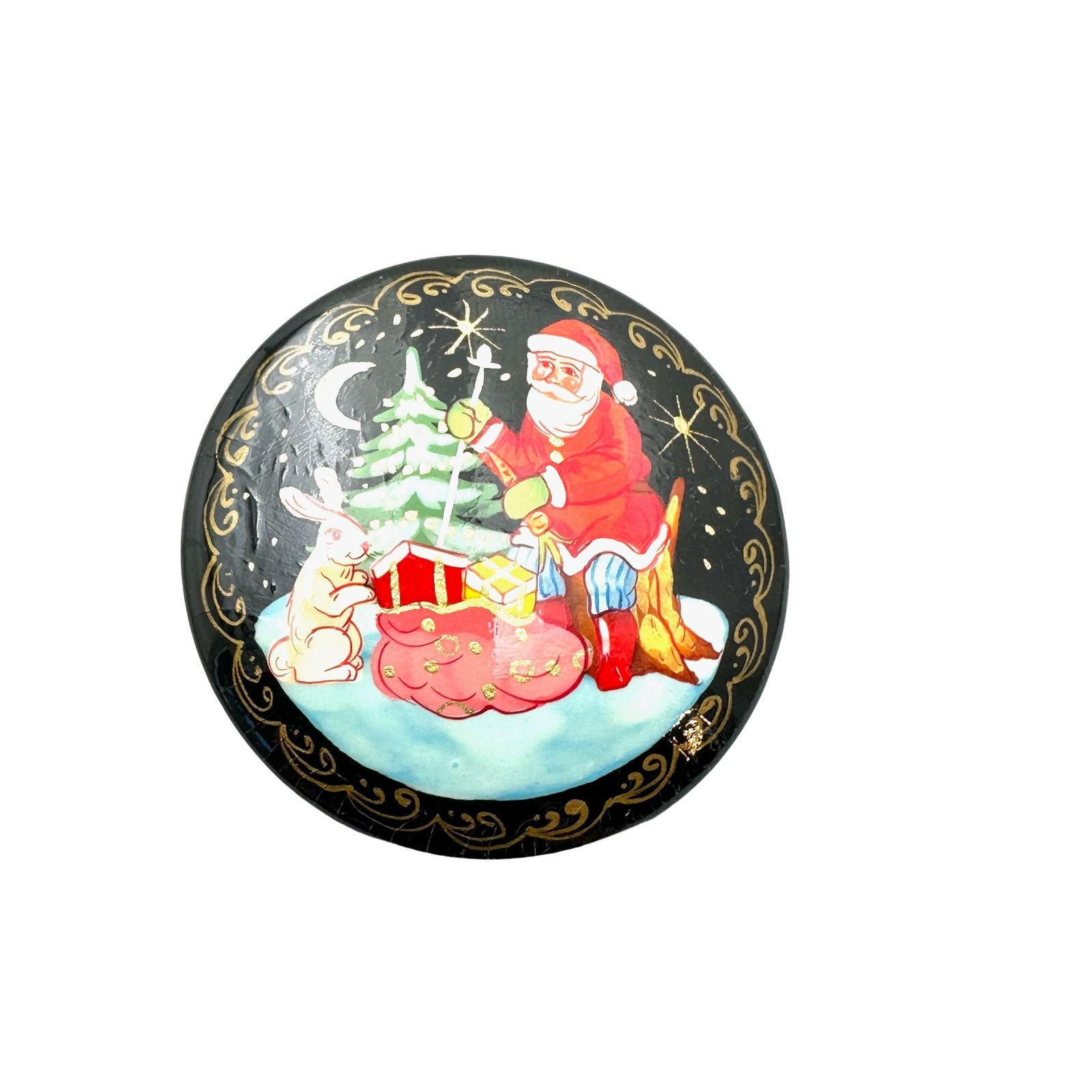 Vintage Russian Hand Painted Brooch Santa Father Christmas Scene with Gifts Rabbit Christmas Tree 2 (1 of 2)