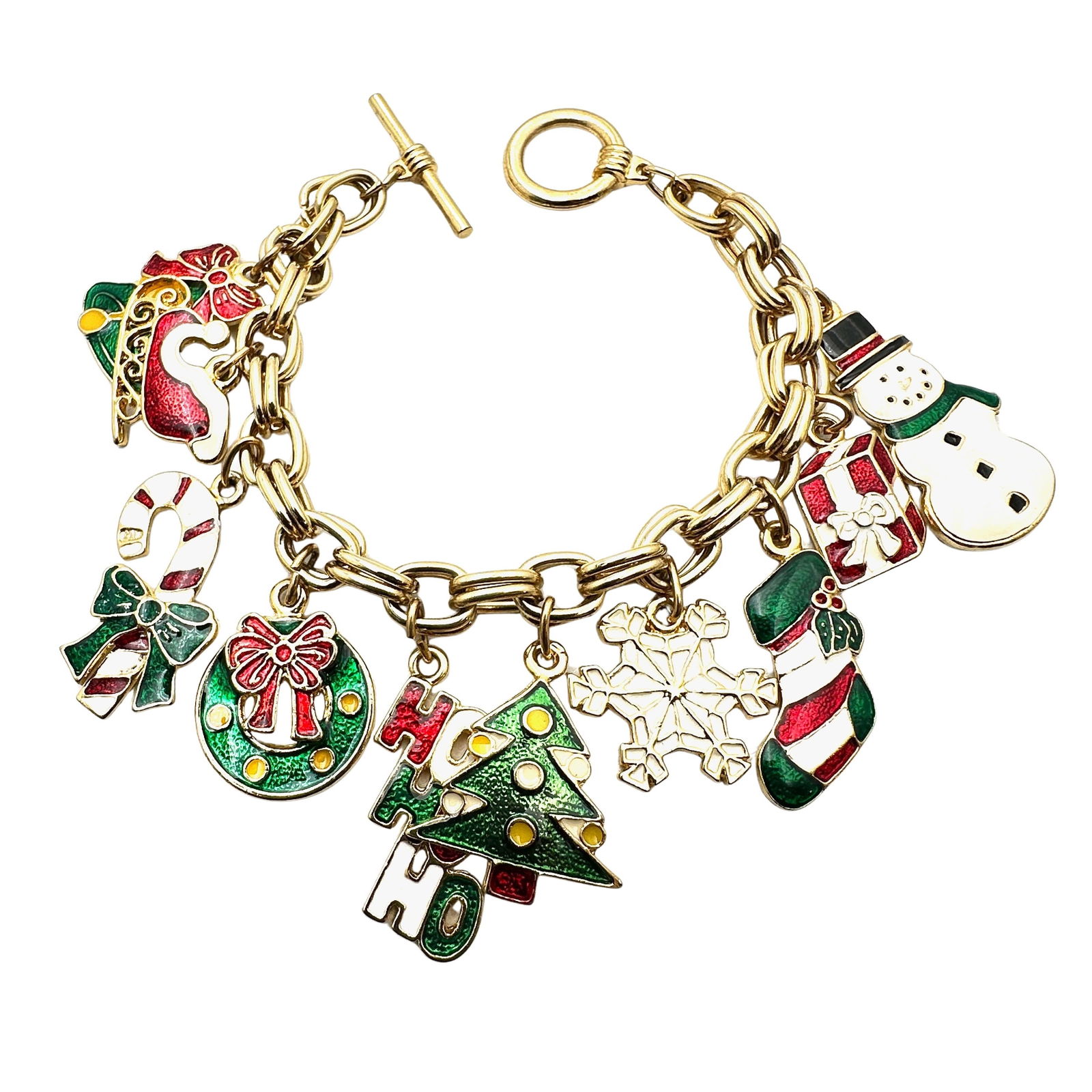 Vintage Enamel Christmas Charm Gold Tone Toggle Bracelet Heavy Quality 7.5 Inch Length (1 of 2)