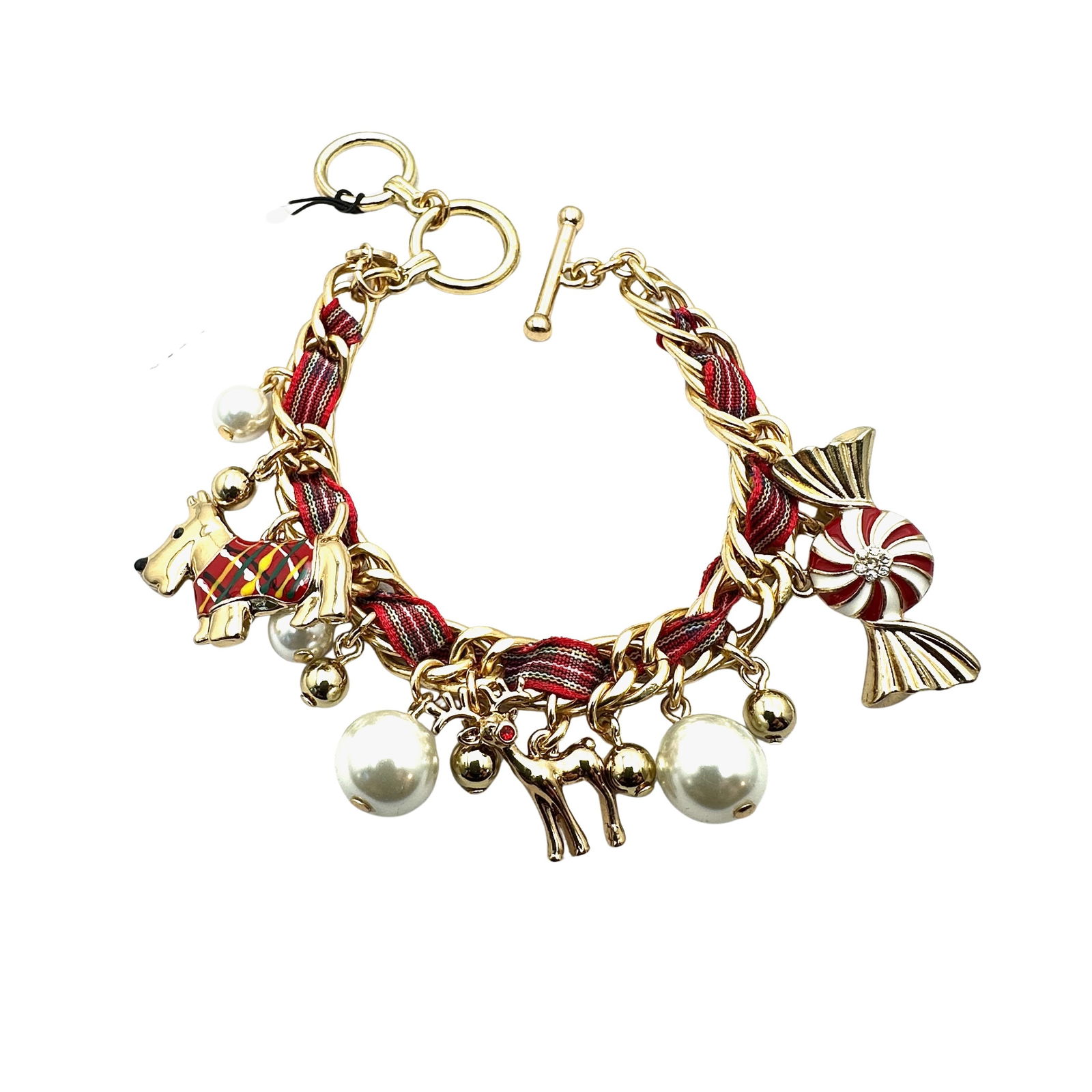 Talbots Christmas Gold Tone Charm Bracelet Faux Pearl Scottie Dog Candy Reindeer 8 Inch Original Tag (1 of 2)