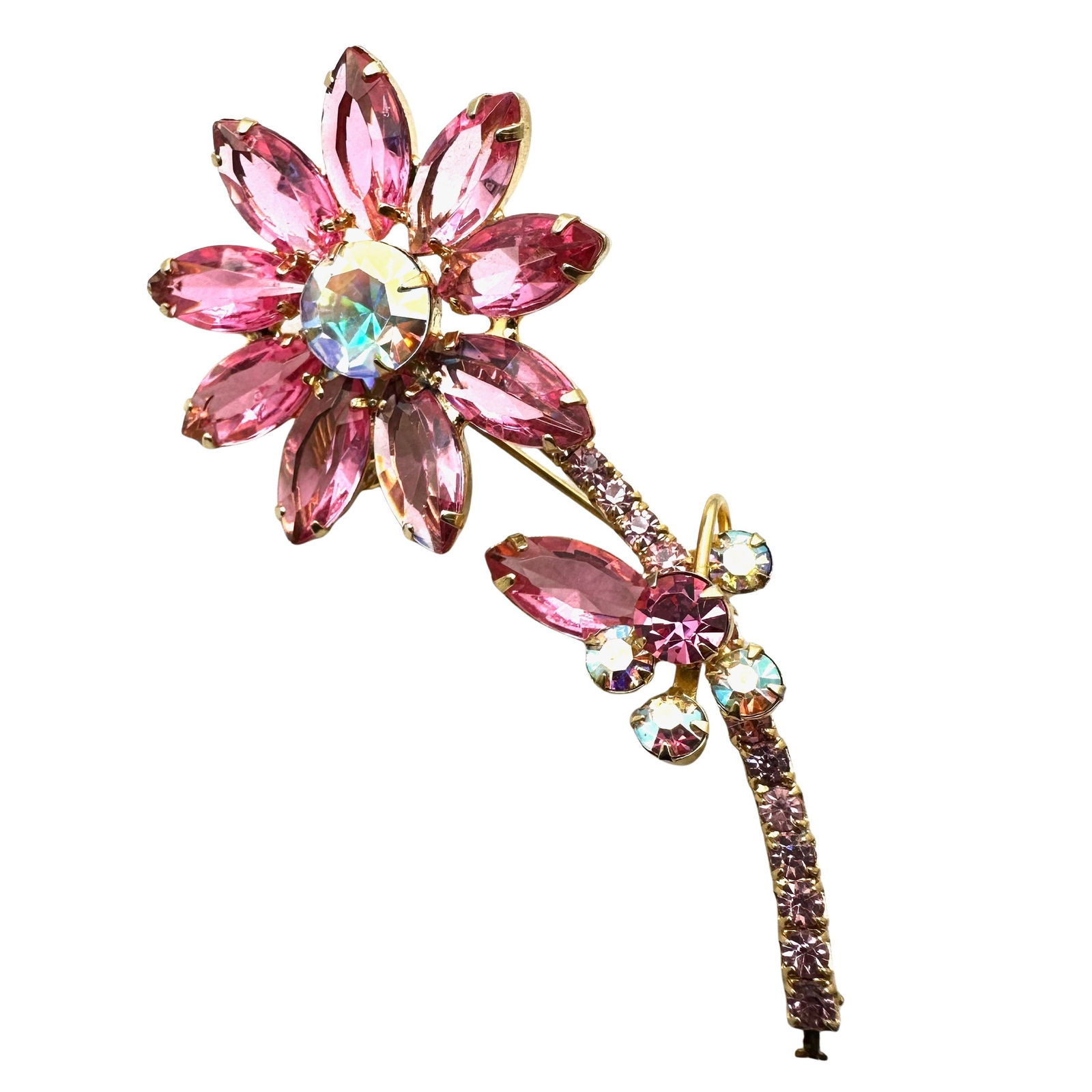 Vintage Juliana Pink Aurora Borealis Glass Rhinestone Gold Tone Flower Brooch Pin 3 Inch (1 of 2)