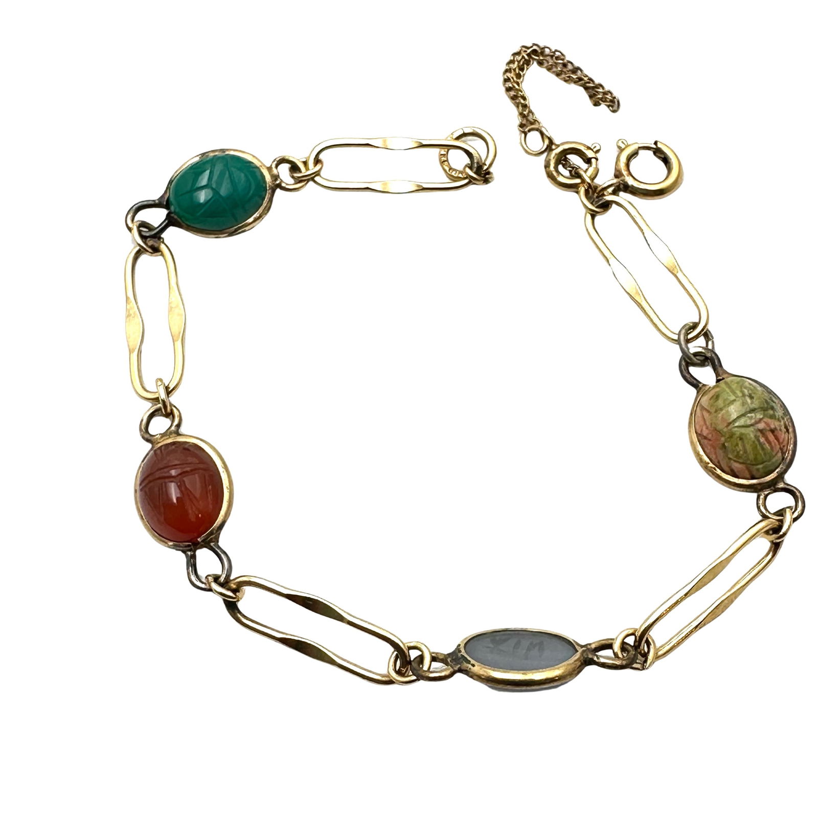 Vintage Gold Filled Carved Gemstone Scarab Bracelet 7 Inch Length (1 of 2)