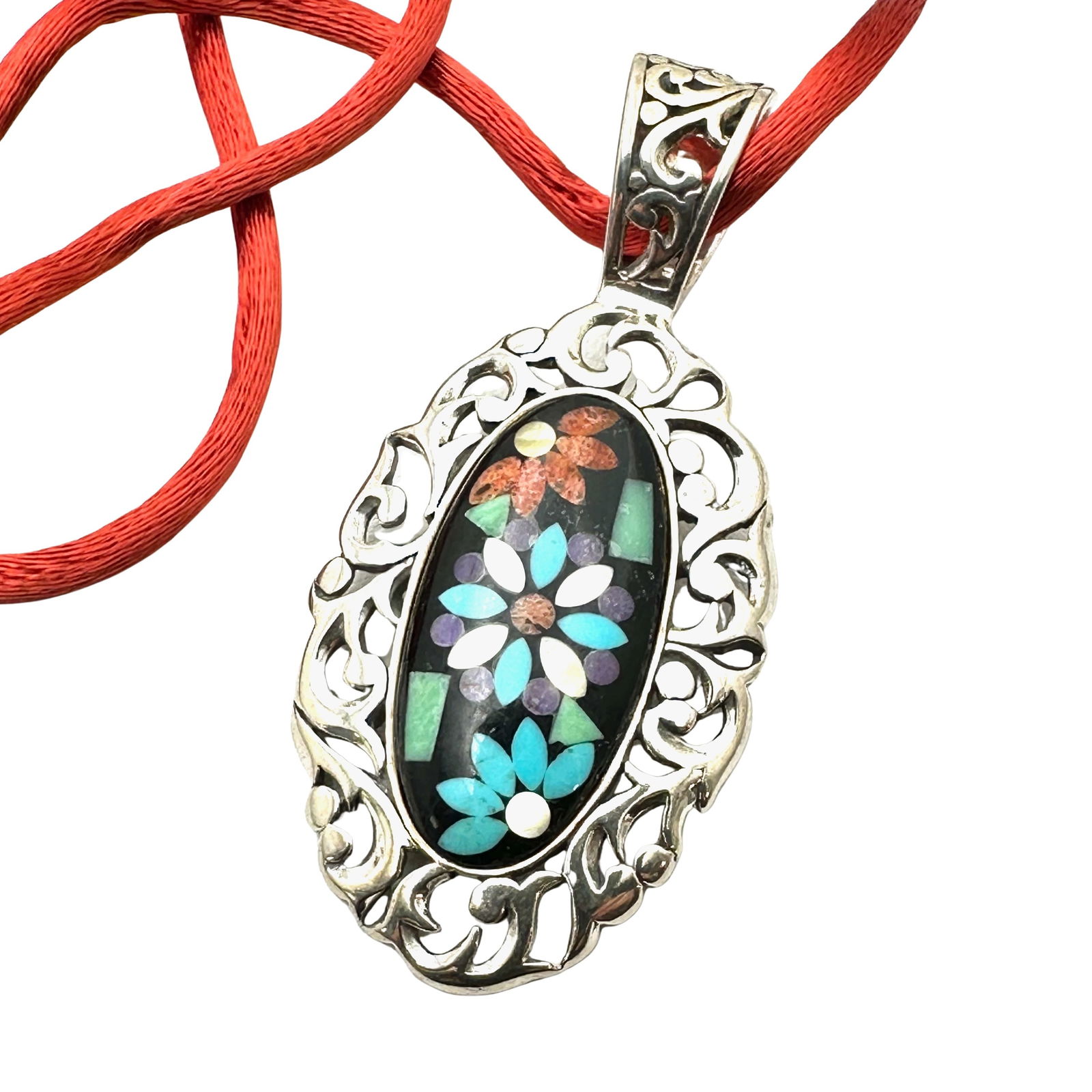 Carolyn Pollack Mosaic Gemstone Pendant Sterling Silver Red Silk Cord Necklace: Carolyn Pollack Mosaic Gemstone Pendant Sterling Silver Red Silk Cord Necklace