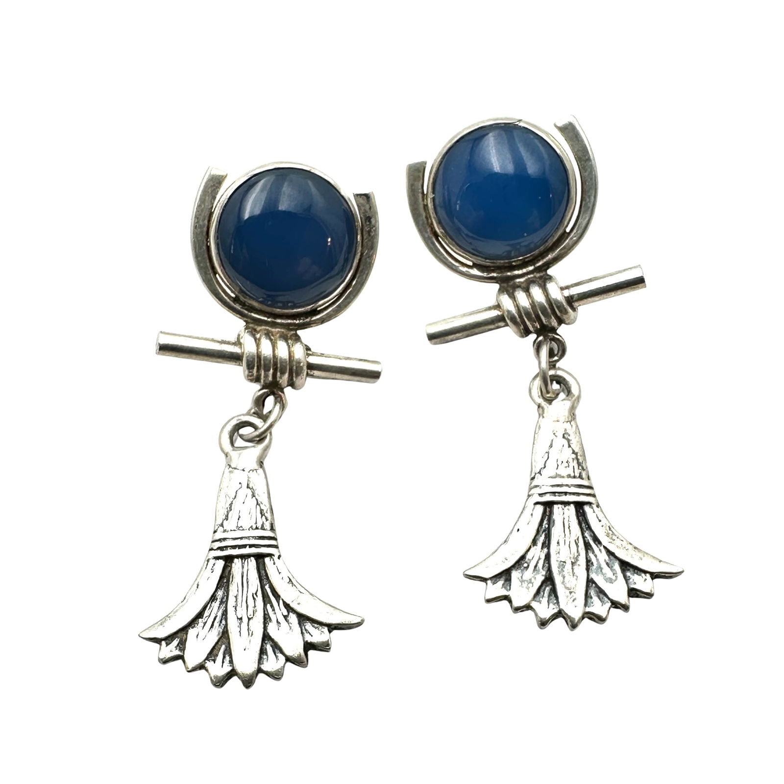Egyptian Revival Lapis Lazuli Sterling Silver Pierced Chandelier Earrings 1.5 Inch Lotus Flower (1 of 2)