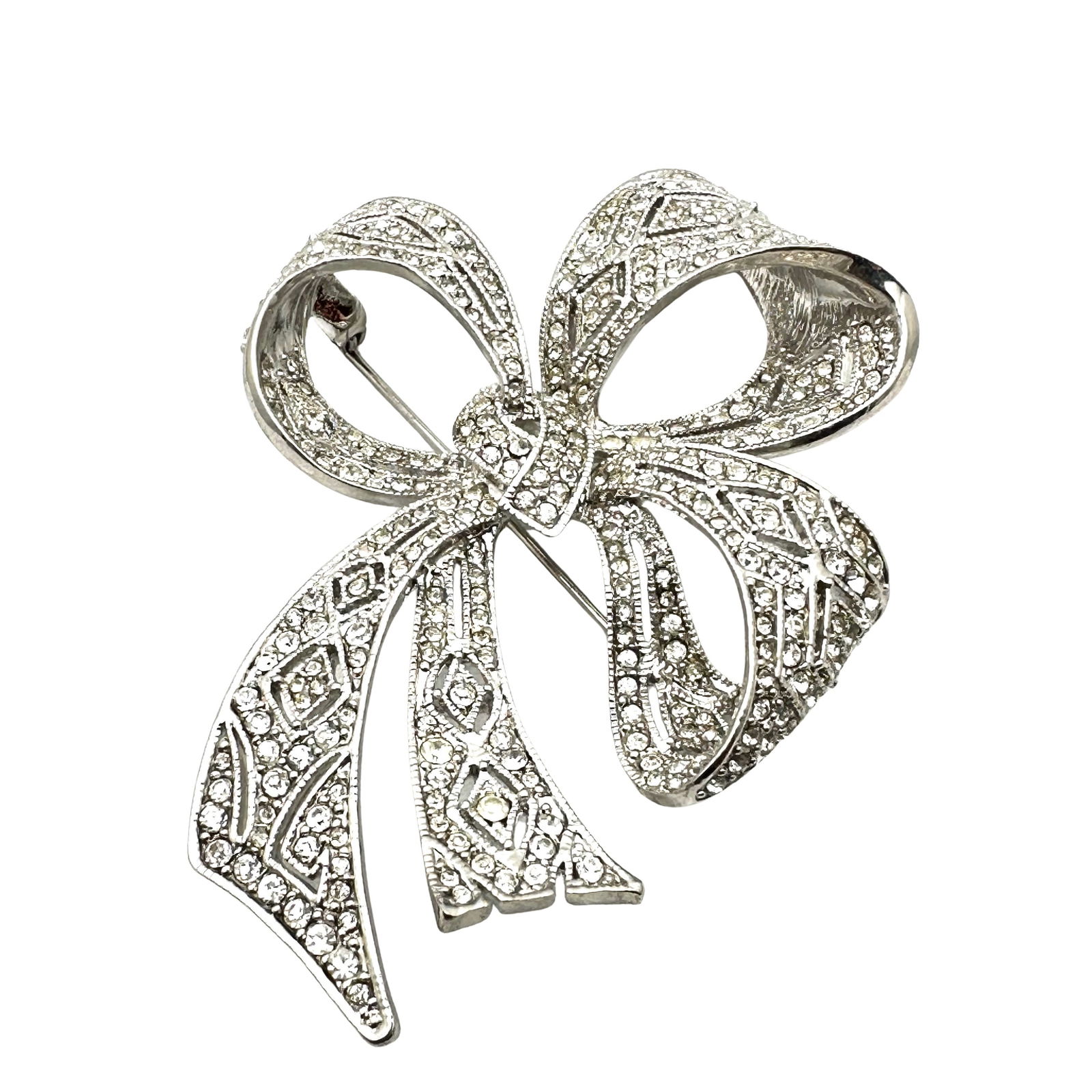 Vintage Kenneth Jay Lane Large Bow Clear Rhinestone Silver Tone Brooch Pin 3 Inch (1 of 2)