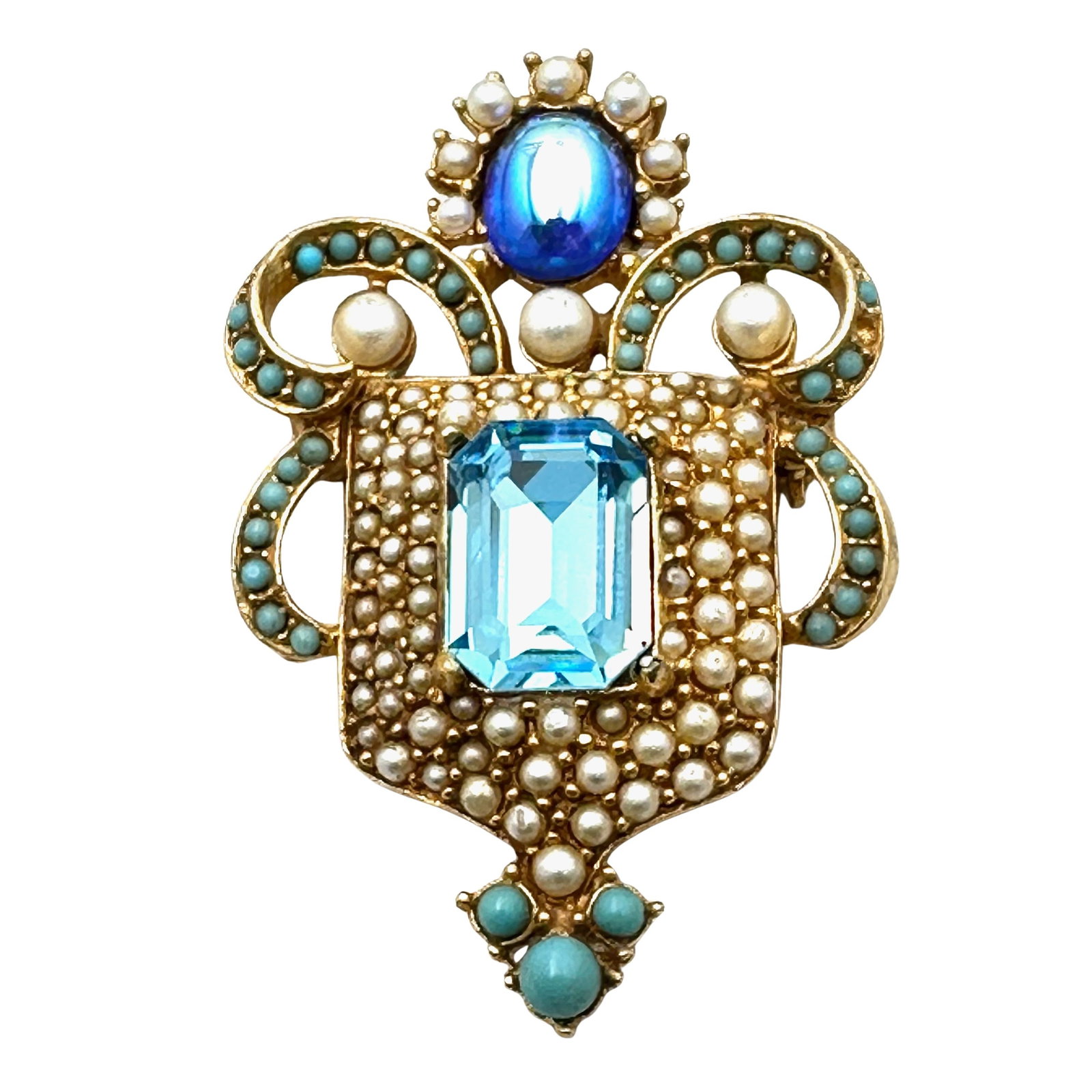 Vintage Arthur Pepper Art Faux Turquoise Pearl Blue Rhinestone Gold Tone Brooch Pin 2 Inch: Vintage Arthur Pepper Art Faux Turquoise Pearl Blue Rhinestone Gold Tone Brooch Pin 2 Inch