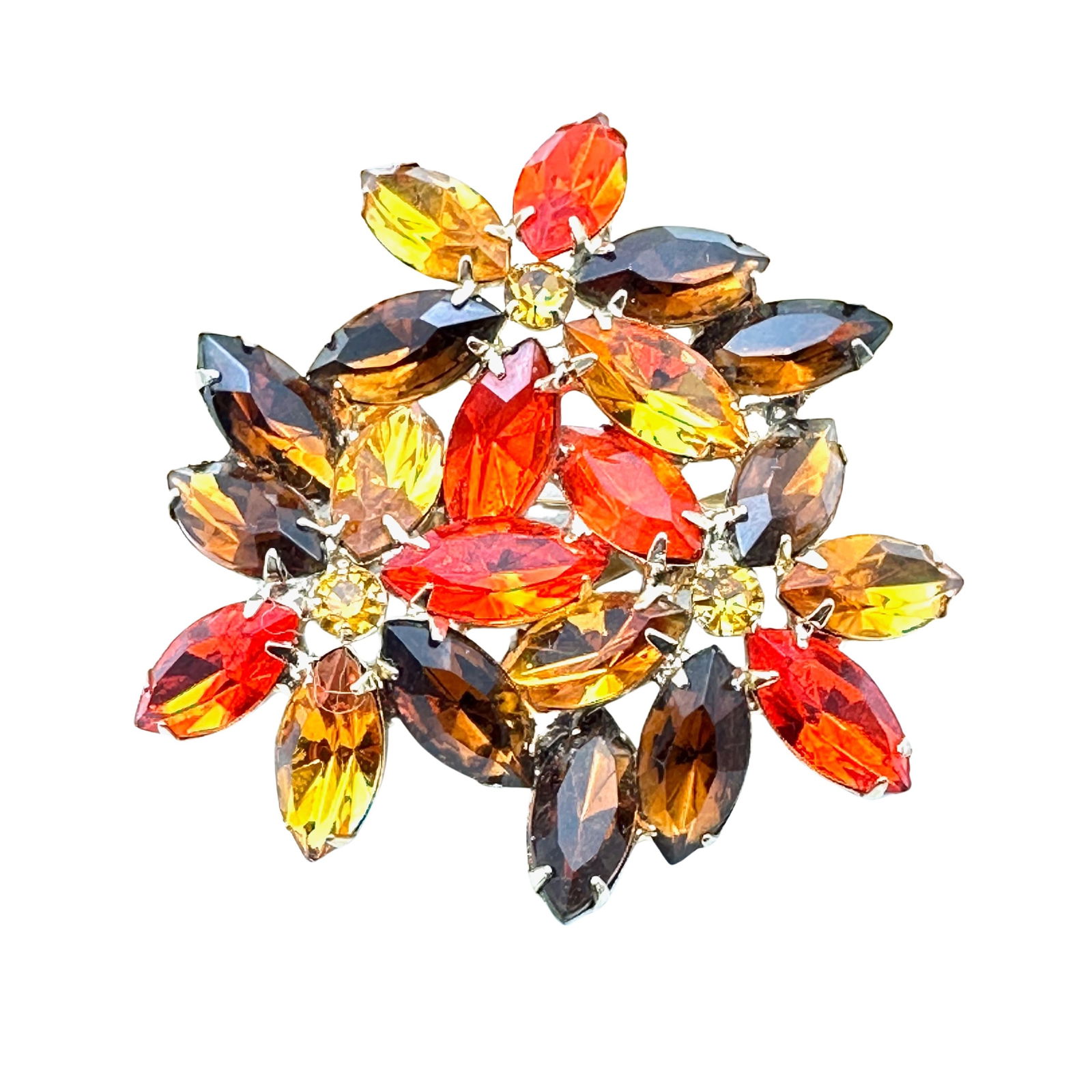 Vintage Juliana Amber Brown Red Glass Rhinestone Flower Gold Tone Brooch Pin 2.5 Inch (1 of 2)