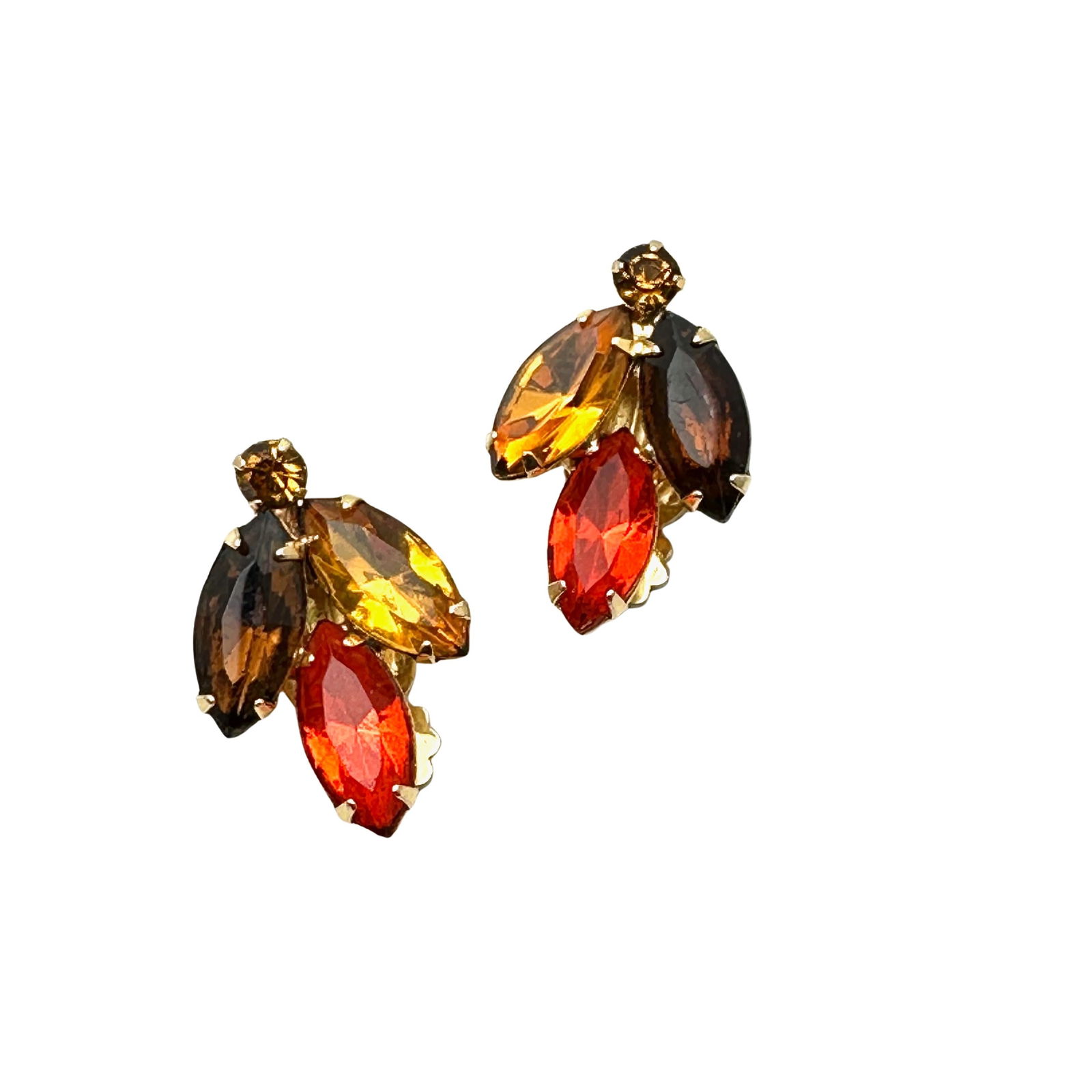 Vintage Juliana Amber Brown Red Glass Rhinestone Gold Tone Clip Earrings: Vintage Juliana Amber Brown Red Glass Rhinestone Gold Tone Clip Earrings