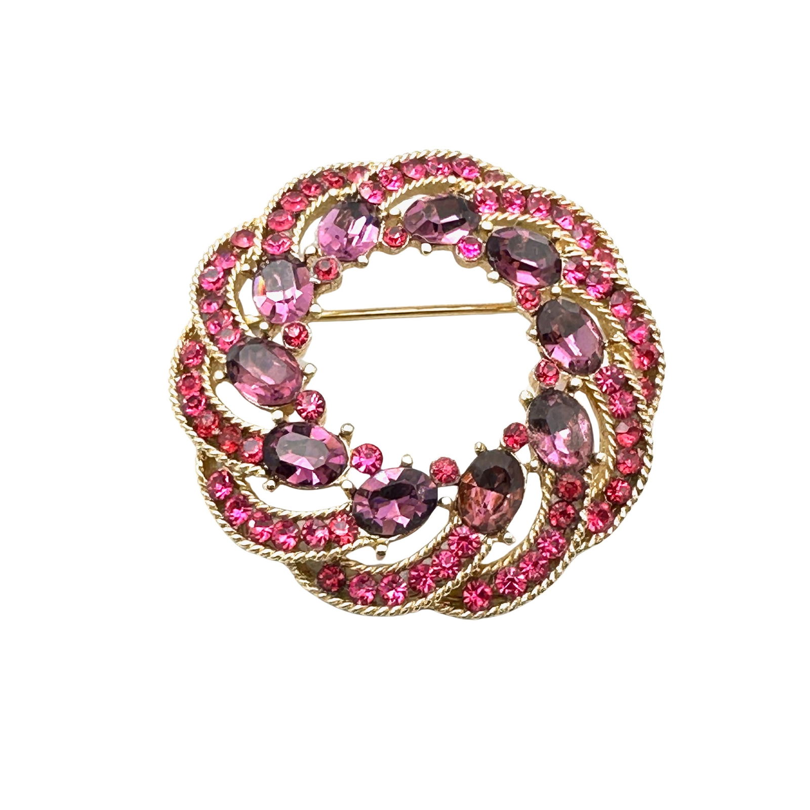 Vintage Trifari Pink Purple Glass Rhinestone Gold Tone Brooch Pin 2 Inch: Vintage Trifari Pink Purple Glass Rhinestone Gold Tone Brooch Pin 2 Inch