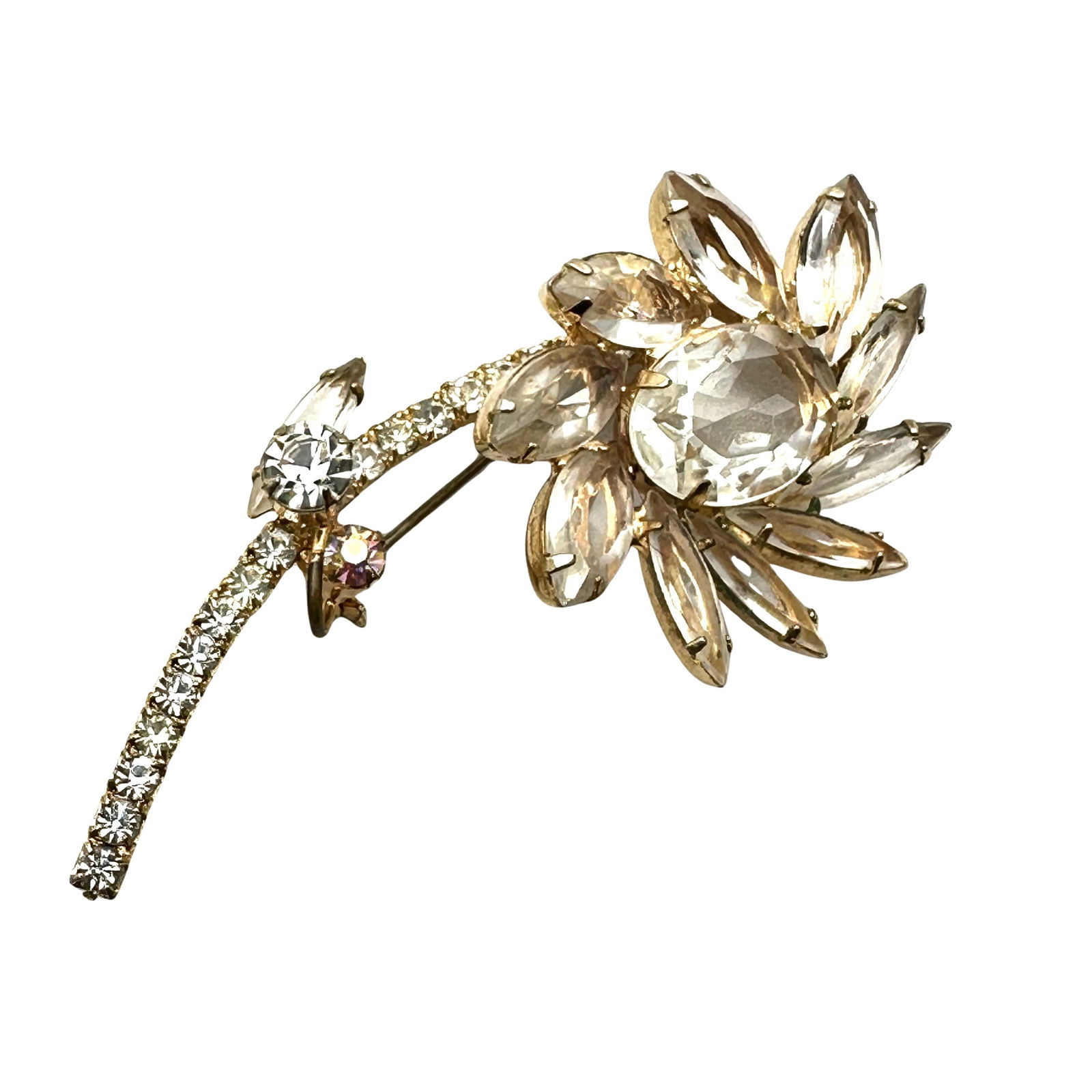 Vintage Juliana Clear Glass Rhinestone Gold Tone Flower Brooch Pin 3 Inch (1 of 2)