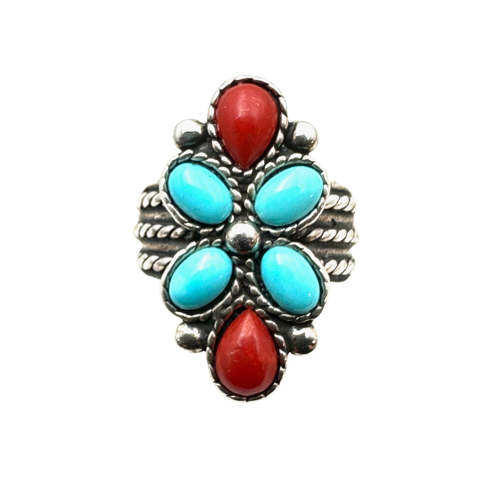 Southwest Style Red Coral Turquoise Sterling Silver Ring Size 8 (1 of 2)