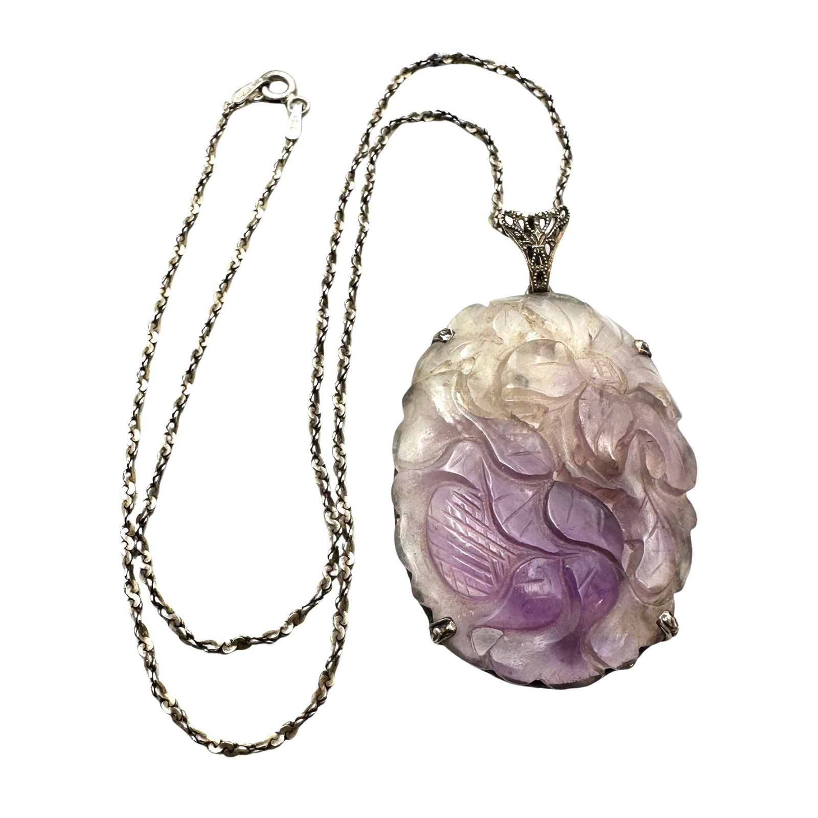 Antique Art Deco Carved Amethyst Pendant Sterling Silver Necklace 15 Inch Chain (1 of 2)