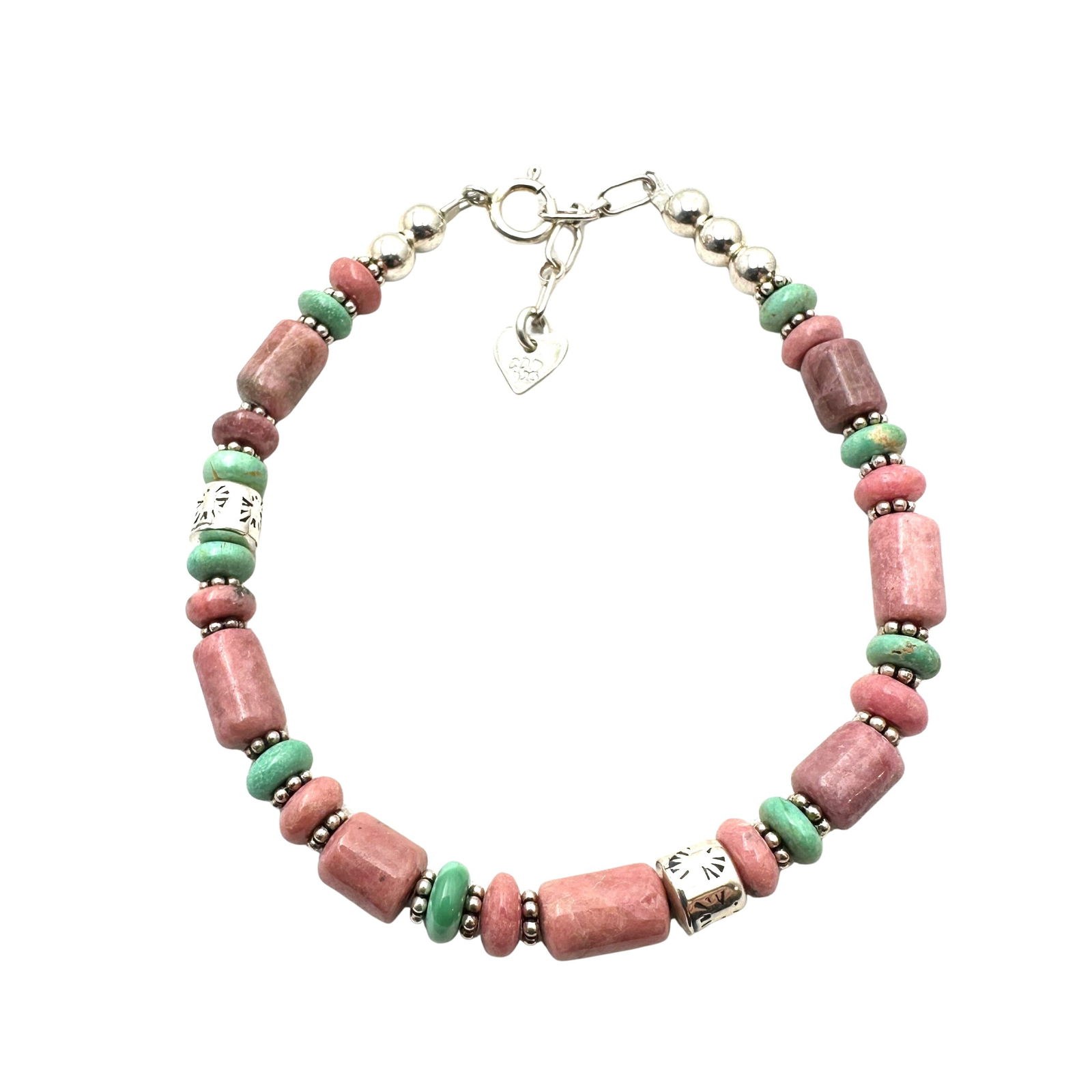Carolyn Pollack American Southwest Rose Quartz Turquoise Sterling Silver Bead Bracelet 7 to 8 Inch (1 of 2)