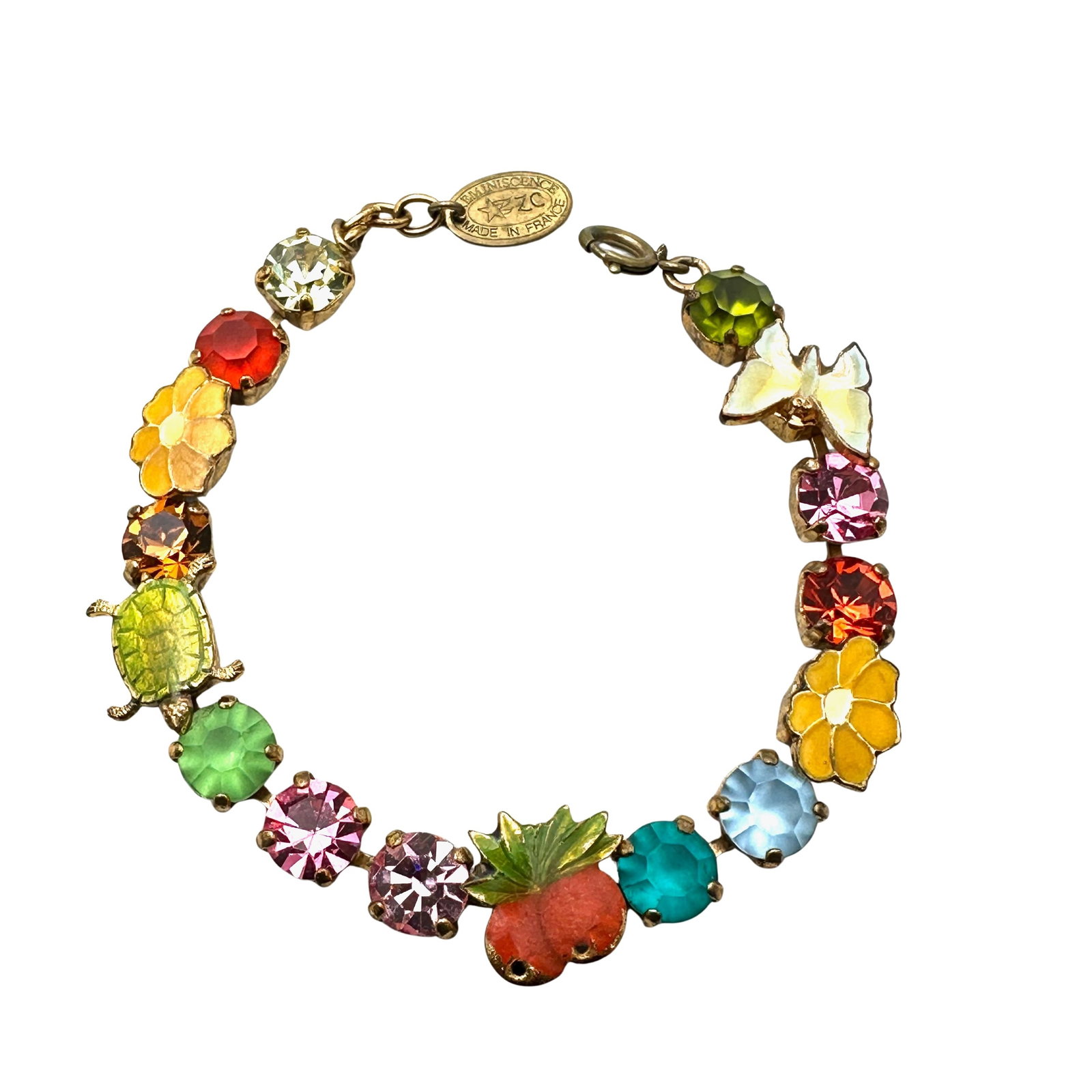 Reminiscence Made In France Rhinestone Enamel Bracelet Gold Tone 7 Inch Turtle Butterfly Cherries: Reminiscence Made In France Rhinestone Enamel Bracelet Gold Tone 7 Inch Turtle Butterfly Cherries