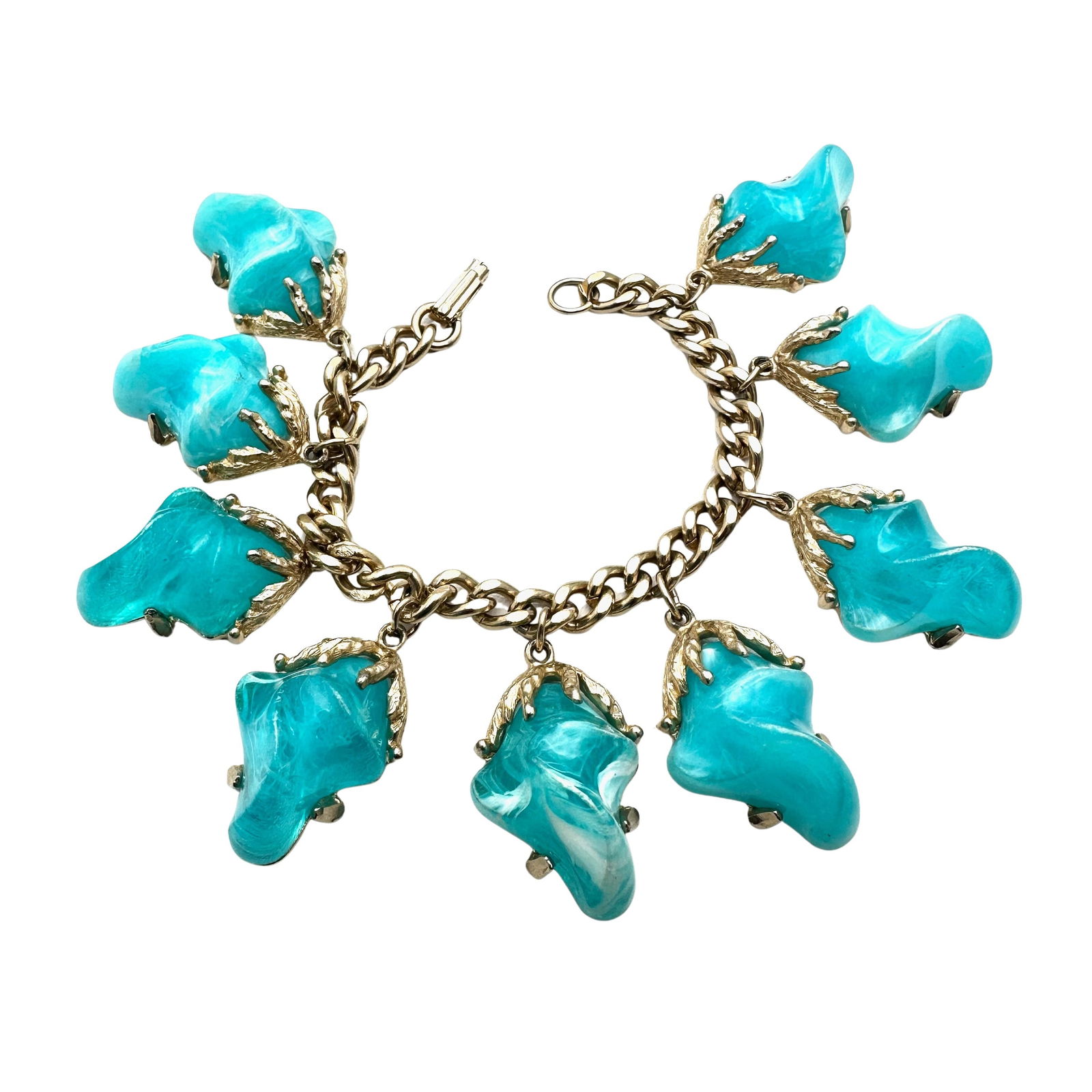 Vintage Aqua Blue Lucite Gold Tone Charm Statement Bracelet 7 Inch (1 of 2)