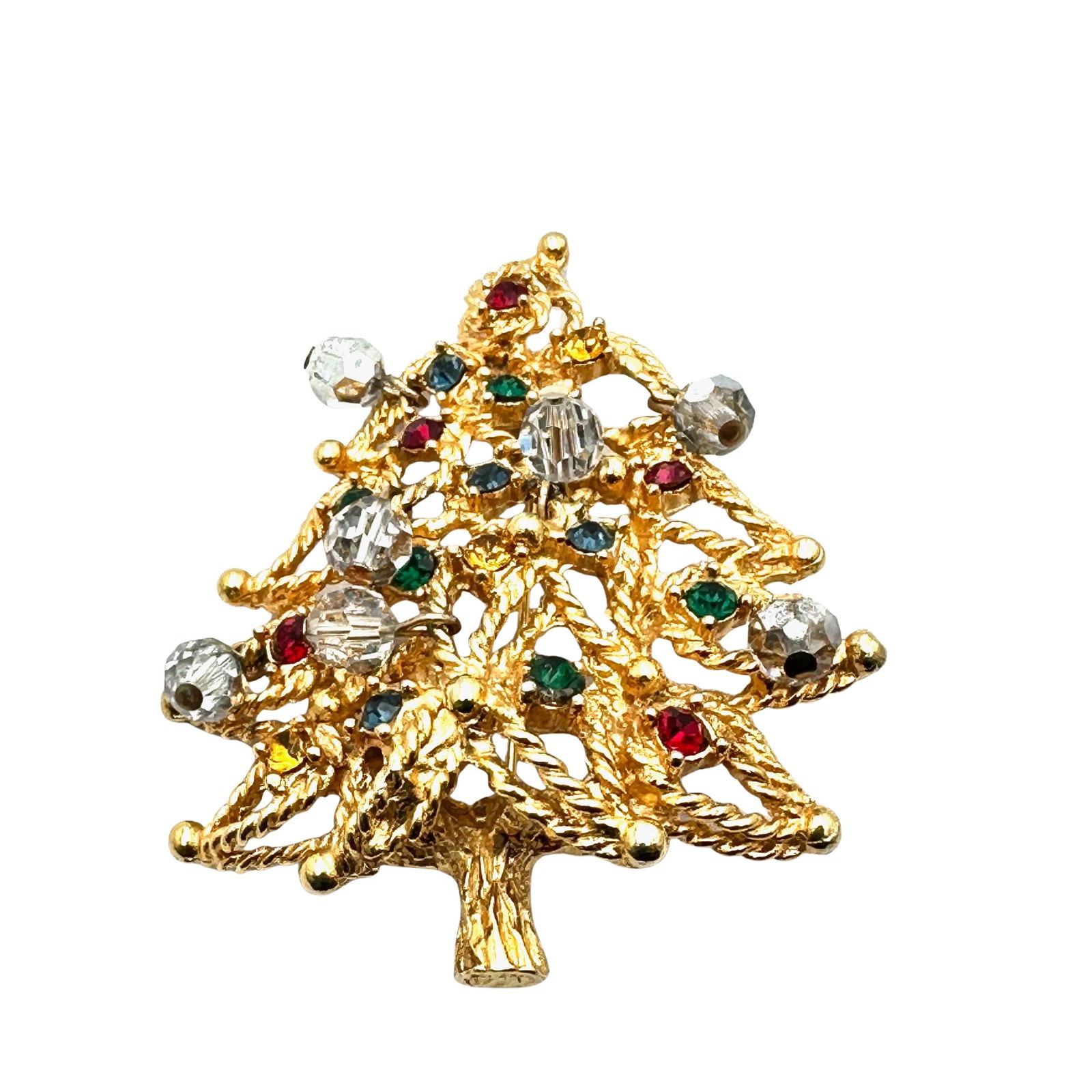 Vintage Glass Rhinestone & Crystal Bead Gold Tone Christmas Tree Brooch Pin 2.5 Inch (1 of 2)